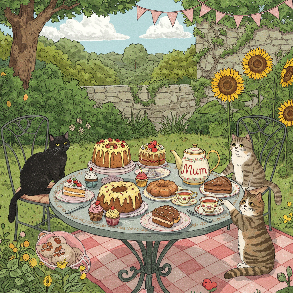 Imagine a delightful, whimsical garden scene, brimming with playful details and gentle humor. The illustration captures a picturesque picnic setup in a lush garden, filled with enchanting elements that speak to the heart of a Mother's Day celebration.

**Foreground:**
A round, ornate table, reminiscent of a Beatrix Potter scene, is laden with an array of charming, hand-drawn cakes, each unique in shape and decoration. There are delicate cupcakes with pastel frosting, a towering layer cake adorned with tiny sugared flowers, and a whimsical bundt cake with a drizzle of icing that forms the word "Mum" in a cursive style. 

Perched on the edge of the table, a sleek, mischievous black cat, illustrated in the spirit of Edward Gorey's detailed linework, gazes curiously at the cake labeled "Mum". Nearby, a fluffy tabby cat, with a quizzical expression, paws at a small teacup, tipping it slightly, as if considering taking a sip of the frothy milk inside.

**Midground:**
The scene extends to reveal a lush garden, inspired by the dreamy colors of Maxfield Parrish, with towering sunflowers and lush green bushes forming a natural backdrop. A quaint, vintage teapot, with intricate patterns reminiscent of Aubrey Beardsley's work, sits amidst the cakes, its spout forming a gentle arc as it pours a trail of steaming tea into a dainty cup below.

**Background:**
In the distance, a quaint, ivy-clad garden wall peeks through the greenery, its stones mossy and detailed with fine engravings. Overhead, a sky inspired by Norman Rockwell's idyllic paintings, dappled with soft, cotton candy clouds, provides a serene canopy to the scene.

**Details:**
In the corner of the scene, a small, elegant banner is strung between two poles adorned with climbing roses. In vibrant, flowing letters, the banner spells out "Mum", the letters twined with vines and tiny blossoms, lending a touch of romance and a nod to Art Nouveau style.

This scene, teeming with intricate details and delicate hues, should capture the heartwarming and playful spirit of a Mother's Day celebration, making it the perfect cover for a greeting card.
Generated with these themes: Cakes, and Cats.
Made with ❤️ by AI.