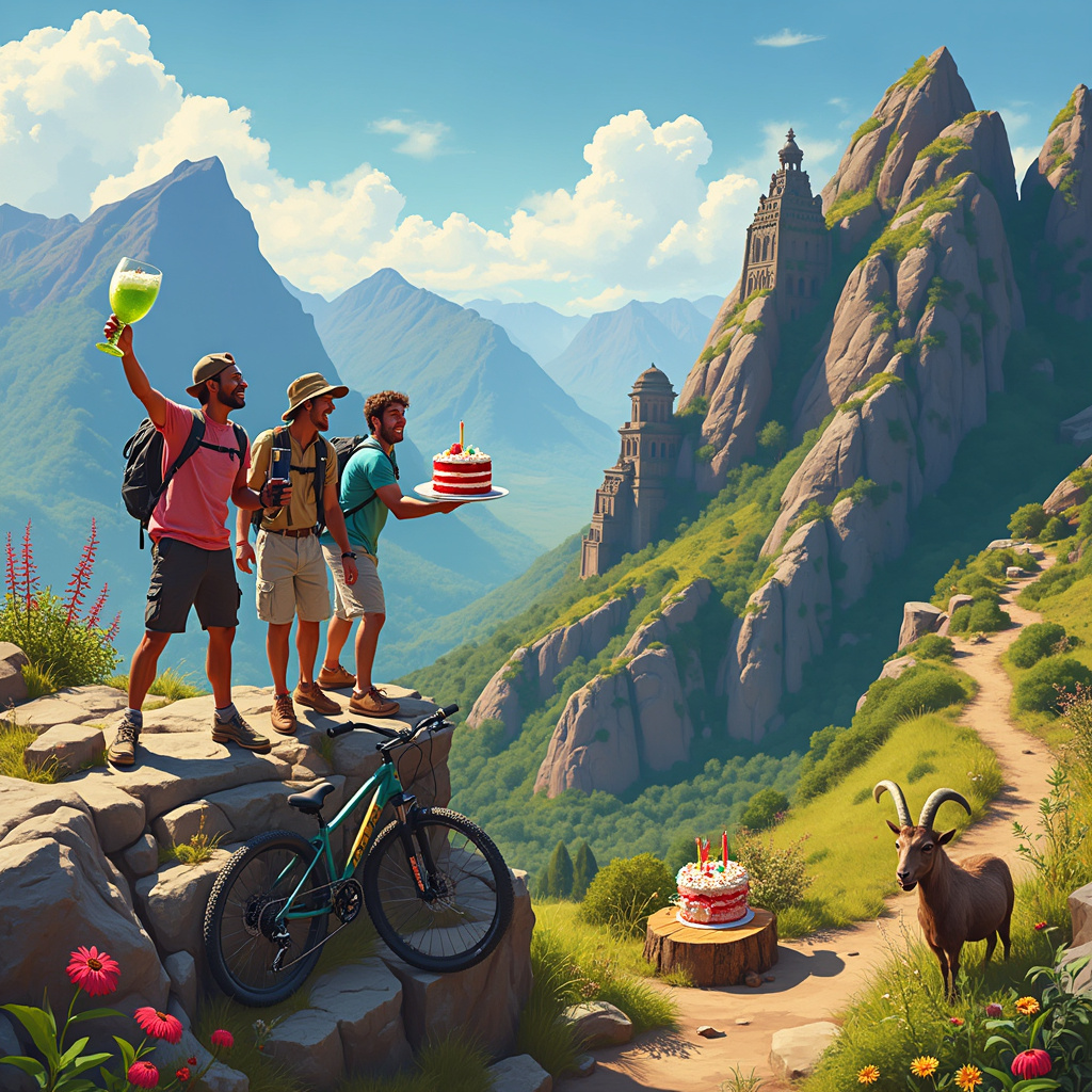 The front cover of this birthday greeting card showcases a vibrant and amusing scene set against the stunning backdrop of the Ethiopian highlands. In the foreground, a lively group of friends, each with a wide grin, are perched on a rocky outcrop with a panoramic view of lush mountains. One friend, balancing humorously on one foot, is holding up a frothy green Appletini in a toast. To his left, another friend is juggling a slice of decadent birthday cake with vivid layers of red velvet, cream cheese frosting, and colorful sprinkles. Near them, two mountain bikes are propped up against a large boulder, their tires slightly dusty from a thrilling ride. 

Behind them, a narrow hiking trail winds up the steep hillside, dotted with exotic Ethiopian flora – think vibrant red hot pokers and cheerful yellow daisies. Just off the path, a charming table carved from a tree trunk is set up, adorned with more slices of birthday cake and a pitcher filled with more Appletinis. Above, the sky is a brilliant blue, with wisps of clouds drifting lazily, while a mischievous mountain goat peeks from behind a bush, seemingly eyeing the cake with interest. 

Further into the distance, a breathtaking Ethiopian landscape stretches out, with ancient rock-hewn churches visible on the horizon, their intricate carvings hinting at centuries of history. The scene is framed by the towering Simien Mountains, their rugged peaks bathed in golden sunlight, completing the festive and picturesque tableau. 

This detailed, lively scene not only combines the themes of Appletini, hiking, mountain biking, cake, and Ethiopia but also tells a joyous and adventurous story perfect for a birthday celebration.
Generated with these themes: Appletini , Hiking, Mountain bike, Cake, and Ethiopia .
Made with ❤️ by AI.