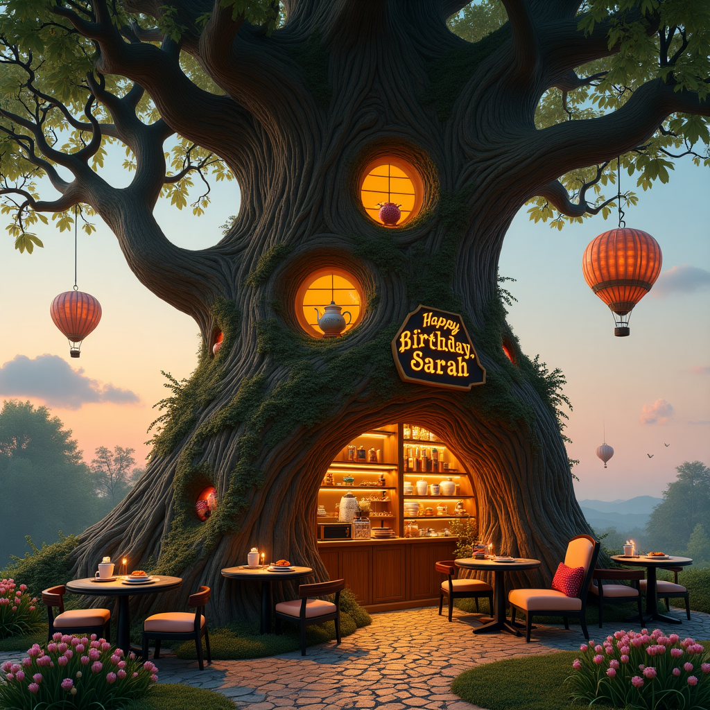 The scene captures a surreal coffee shop nestled within the hollow of a colossal, ancient tree trunk, whose branches spiral upwards, entwining into a canopy of lush green leaves and dangling coffee mugs. The trunk itself is a mottled tapestry of rich browns and grays, with large circular windows cut out, glowing warmly from the inside. Through these windows, one can see quaint tables and chairs, each fashioned from mismatched materials: one made entirely of vintage teaspoons, another of reclaimed wood, the chairs cushioned with velvet coffee bean sacks.

Inside, baristas made entirely of foam, their edges softly undulating, serve espresso shots from behind a counter carved out of the tree's heartwood. The counter is dotted with pastries shaped like the alphabet, and the name "Sarah" is prominently spelled out in an artful arrangement of croissants and eclairs. Overhead, suspended like fairy lights, are sugar cubes shaped into birds, frozen in mid-flight.

Outside, the base of the tree is surrounded by a whimsical garden of oversized flowers, each petal a delicate swirl of cappuccino froth. A path made of coffee bean mosaic leads up to the entrance, flanked by ceramic teapots that pour endless streams of aromatic steam into the air. Above the entrance, a hanging sign made from intertwined vines and neon light reads "Happy Birthday, Sarah," with each letter glowing like a vibrant constellation.

The sky, a rich canvas of twilight hues, displays clouds shaped like steaming cups, their saucers catching the last rays of the setting sun. In the far distance, hot air balloons crafted from wicker teabags drift lazily, adding a whimsical touch to the surreal landscape.
Generated with these themes: Coffee shop.
Made with ❤️ by AI.