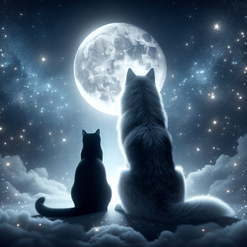 Render an image of a heartwarming anniversary setting. In it, a captivating black cat and a majestic grey wolf are sitting together, side by side. They are gazing out at a luminous moon with its light permeating the delicate veil of the surrounding night sky, sprinkled with countless twinkling stars. This soothing and serene scenario eloquently communicates their strong bond and mutual fondness, all under the enchanting and mesmerizing celestial spectacle. Their celebration is amplified by the beauty of their surroundings, establishing a memorable tableau of their affection.
Generated with these themes: Black cat, Grey wolf, Moonlight, and Starlight.
Made with ❤️ by AI.