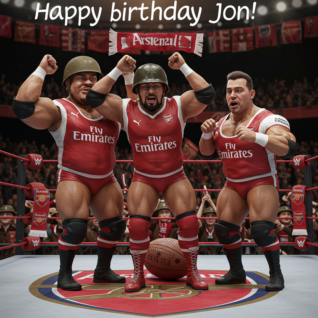 At the top of the Photorealistic picture taken from a camera image, **"Happy birthday Jon!"**

---

**Image Description:**

In the foreground, a group of three buff, cartoonishly exaggerated wrestlers in tight, bright wrestling gear is having a comical showdown. They are hilariously dressed in Arsenal football jerseys over their wrestling outfits. One wrestler, sporting an oversized army helmet that looks comically out of place, is about to dramatically body-slam another who is striking a mock 'goal celebration' pose, arms raised and eyes wide with an exaggerated expression. The third wrestler, who is acting as a referee, is trying to blow a whistle through his face paint with a look of pure confusion. The wrestling ring ropes are draped with Arsenal scarves, and the mat is printed with a giant football. The background shows an audience of toy soldiers wildly cheering, some holding tiny Arsenal flags.

---

The atmosphere is vibrant and cheeky, capturing the essence of birthday humor through this bizarre yet captivating amalgamation of sports, wrestling antics, and military quirks. The lighting emphasizes the shiny spandex and polished boots, while the rich textures make the scene pop with photorealistic clarity.
Generated with these themes: Arsenal, Wrestling, Army, and .
Made with ❤️ by AI.