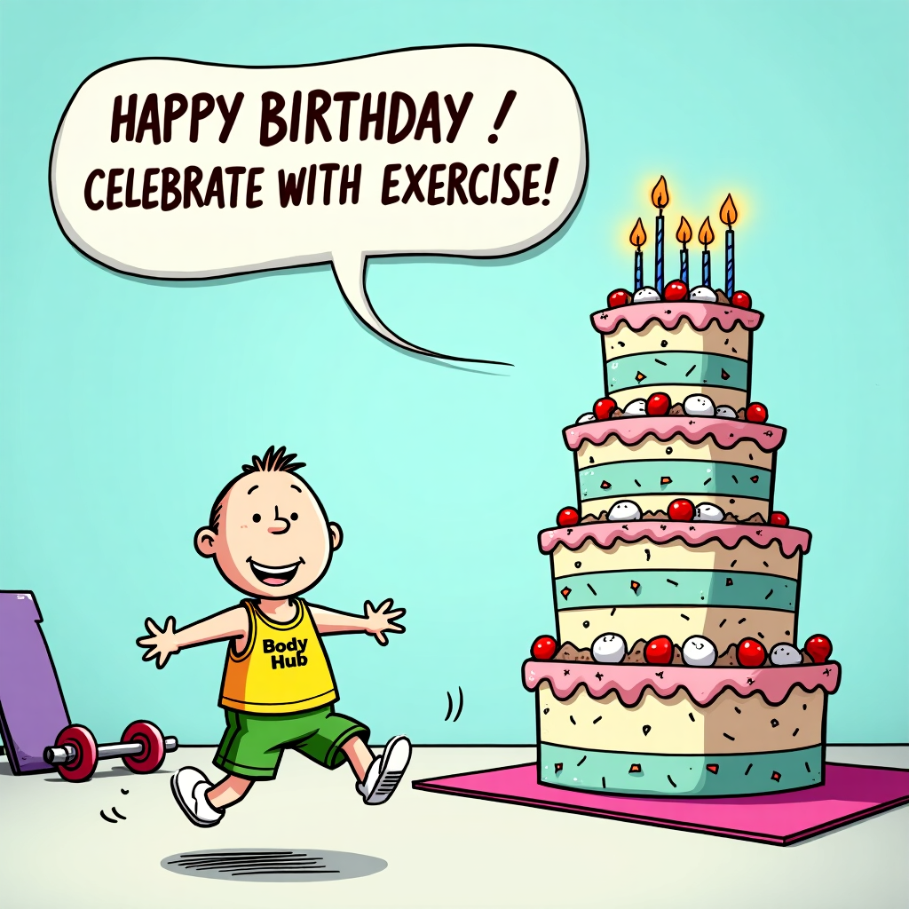 The front cover of the birthday greeting card bursts with vibrant colors and whimsical details, capturing the lively essence of a celebration intertwined with a playful nod to daily exercise at Body Hub.

**Foreground:** 
In the foreground, a cartoonish character with exaggerated features is joyously jumping rope. The character is a humanoid figure with a round head, oversized eyes, and an exaggeratedly large smile reminiscent of the playful style of Charles Schulz. They're wearing a bright yellow tank top with the words "Body Hub" in bold, stylized letters. The character’s limbs are elongated and slightly curved, reminiscent of Osamu Tezuka's fluid style. They sport vibrant green shorts with a stripe down the side, reminiscent of classic Disney shorts, adding to the dynamic motion of their skipping.

**Middle Ground:**
To the right, a large, colorful birthday cake towers with exaggerated layers that seem to defy gravity. The cake is decorated in stripes of pastel pink, blue, and green, reminiscent of Bill Watterson's use of vibrant colors. Each layer is adorned with cartoonish, oversized cherries and sprinkles. Perched atop the cake, a group of tiny animated candles flickers with lively orange and yellow flames, their expressions comically surprised, drawing inspiration from Gary Larson’s quirky character design.

**Background:**
The backdrop is a soft, light blue, giving a sense of open space akin to Hergé's clear, bold settings. In the distance, an exercise area subtly frames the scene, including a cartoonish set of dumbbells and a yoga mat, hinting at the Body Hub theme. The equipment is sketched with thick, playful outlines and pops of color - the dumbbells are red and blue, while the yoga mat is a vivid purple.

Above the scene, a large, curved banner floats, akin to a speech bubble in Will Eisner's graphic novels. It reads "Happy Birthday! Celebrate with Exercise!" in bold, comic-style font, with each word bouncing slightly, as though alive with energy.

**Additional Details:**
Sprinkled throughout the scene are whimsical confetti and balloon clusters, each balloon featuring a different character face inspired by Winsor McCay's style - a dog, a cat, and a bird - each with large, expressive eyes. The confetti is a kaleidoscope of colors, adding movement and fun to the overall scene.

This dynamic composition combines the joy of a birthday with the lively spirit of exercise, wrapped in a playful, cartoonish style that draws subtle inspiration from the masters of comic art.
Generated with these themes: Body Hub Exercise DAILY.
Made with ❤️ by AI.