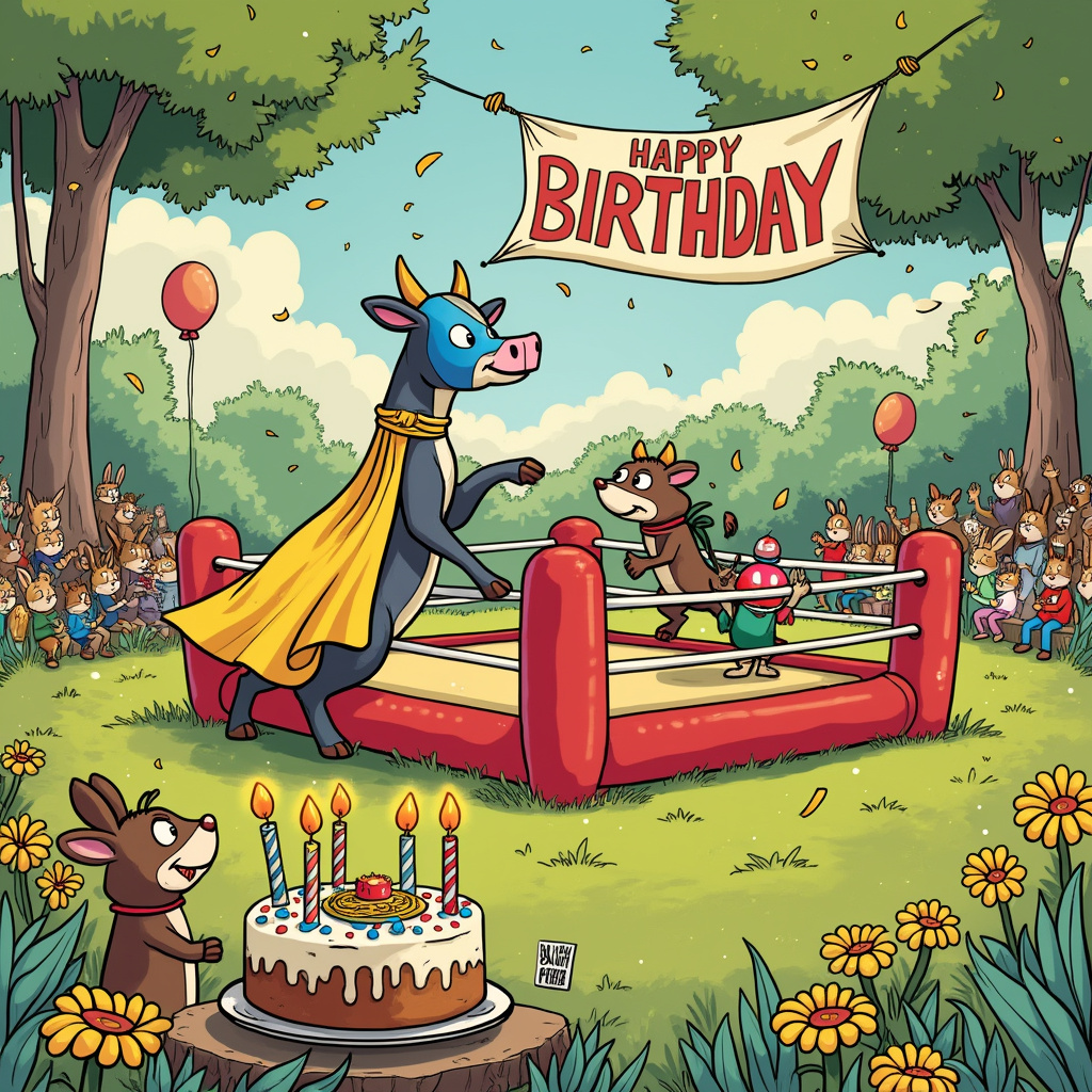 Picture a vibrant cartoon meadow, lush and bursting with colorful wildflowers, reminiscent of Winsor McCay's dreamscapes from "Little Nemo in Slumberland." At the center, a dairy cow named Bessie stands on her hind legs, donned in a shimmering luchador wrestling costume, complete with a neon blue mask and golden cape that flutters in the breeze. Bessie is mid-action, preparing to body slam an inflatable wrestling ring set up in the meadow. 

Inside the ring, two stoats are grappling in a dramatic wrestling match. One stoat, wearing a tiny red singlet, has his furry opponent in a playful headlock. The other stoat, dressed in a green lucha libre mask, looks determined, his little paws clawing at the air. Their expressions are comically intense, capturing the animated spirit of Bill Watterson's "Calvin and Hobbes."

In the background, an audience of woodland creatures—including rabbits, squirrels, and hedgehogs—cheer wildly from their seats made of mushrooms and logs, channeling the communal and lively scenes of Walt Disney's early animated features. Above them, a large birthday banner hangs between two tall trees, whimsically illustrated with balloons and confetti by Gary Larson's imaginative hand.

To the side of the wrestling ring, a small table is set up with an oversized birthday cake shaped like a wrestling championship belt, adorned with candles and colorful frosting. Hergé’s clear line style can be seen in the precise details of the cake decorations and the expressions of the critters.

All these elements are tied together with a sense of playful surrealism and intricate detail, creating a birthday card scene that feels both celebratory and delightfully absurd.
Generated with these themes:  dairy cow, Wrestling, and Stoats.
Made with ❤️ by AI.