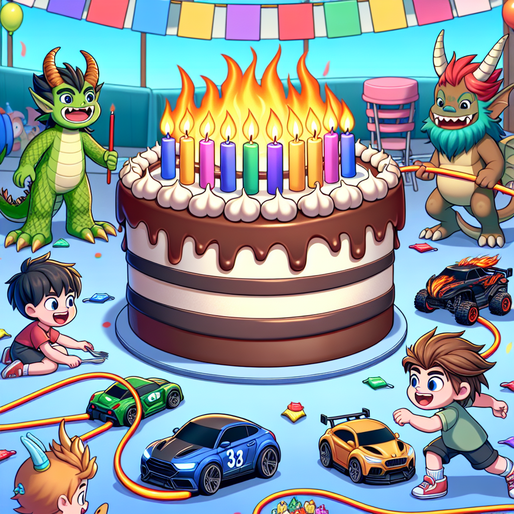 Visualize a cartoony themed birthday party that's filled with enthusiasm. There are fictional, mythical creatures playing amidst decorations related to miniature vehicular toys. At the center is a large, appetizing chocolate cake decorated with candles that look like colorful flames. A young cartoon boy and his mythical creature friends animatedly root for a race of miniature vehicular toys that are trying to be the first to loop around the cake.
Generated with these themes: Pokemon, Hot wheels, and Chocolate.
Made with ❤️ by AI.