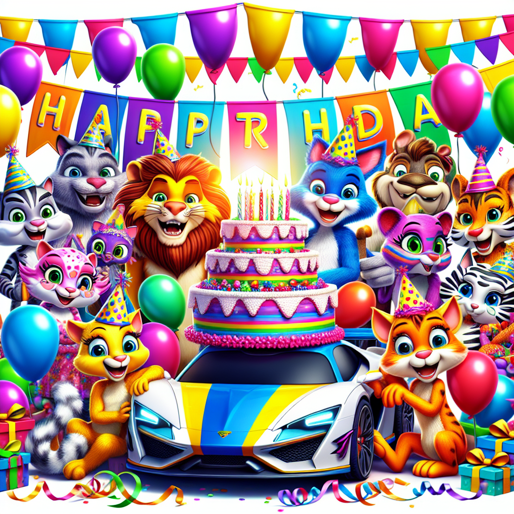 Generate a vibrant image depicting a birthday celebration brimming with cartoon elements. This lively scene includes joyous anthropomorphic animals from various species, all wearing party hats and gathered around a large, festive birthday cake at the center. Each character leans against a unique, brightly colored sports car with racing stripes and birthday balloons fastened to it. Paper banners and streamers of different colors crisscross the sky, providing the perfect finishing touch to this delightful setting.
Generated with these themes: sports cars.
Made with ❤️ by AI.
