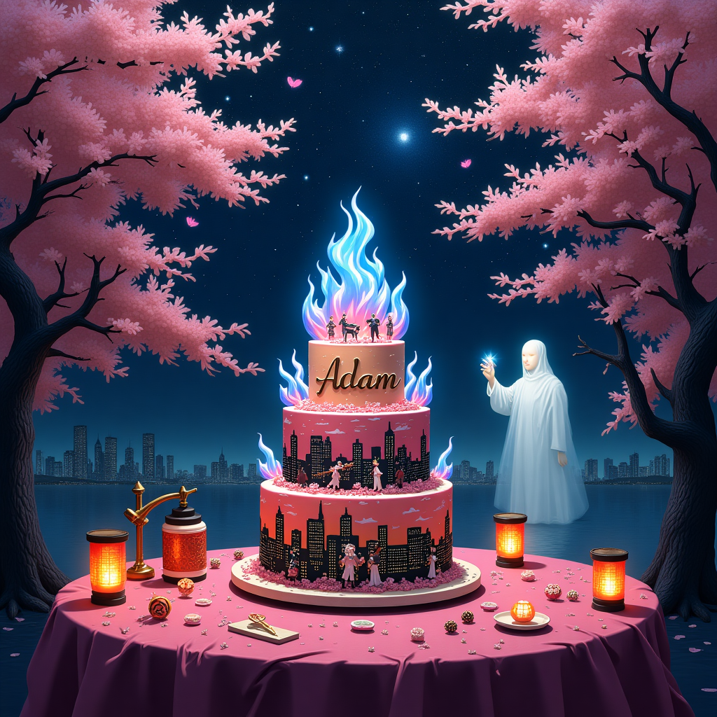 On the cover of the birthday greeting card, the scene unfolds within the world of Jujutsu Kaisen, blending the mystical and the celebratory in a surreal realism style. 

Foreground: A table set at the center showcases a vibrant, detailed birthday cake that captures the eye with its intricate design. The cake is tiered, with each level representing different elements from Jujutsu Kaisen. The bottom layer features hand-painted details of Tokyo’s skyline at night, dotted with tiny illuminated windows. The middle tier displays figures of Gojo Satoru and Yuji Itadori in dynamic poses, rendered with lifelike details as if they could leap off the cake at any moment. The top tier, crowned with vivid, lifelike edible flames in blue and pink, mimics cursed energy. 

On the front of the cake, in edible gold script, is the name "Adam," artistically integrated into the design.

Background: The backdrop of the card is a spellbinding swirl of dark purples and midnight blues, reminiscent of a starry night sky infused with otherworldly elements. To the right, a ghostly figure of Ryomen Sukuna can be seen, just subtly fading into the shadows, detailed with a high degree of realism, giving him a mysterious yet captivating presence.

The left side of the scene hosts a series of detailed cherry blossom trees. Their branches arch elegantly, laden with petals that appear to be caught in a gentle, eternal drift, adding soft pink hues against the night sky. 

Above, the night sky is dotted with shimmering stars, painted with such precision that they seem to twinkle against the dark canvas. Among these stars, a mystical, spectral version of Megumi Fushiguro's Divine Dogs, depicted in ethereal whites and silvers, playfully leaps across the sky, adding a dynamic sense of movement.

Surrounding elements: Scattered across the table, traditional Japanese lanterns, intricately detailed with kanji characters, emit a warm, inviting glow. They cast soft light that dances across the scene, enhancing the surreal nature of the composition. Additionally, small, lifelike talismans and charms are strewn across the table, each carefully illustrated with precision, hinting at the magical protection they offer.

This surreal yet realistic birthday scene combines the fantastical elements of Jujutsu Kaisen with the joy of celebration, inviting viewers into a world where magic and reality beautifully collide.
Generated with these themes: Jujutsu Kaisen .
Made with ❤️ by AI.
