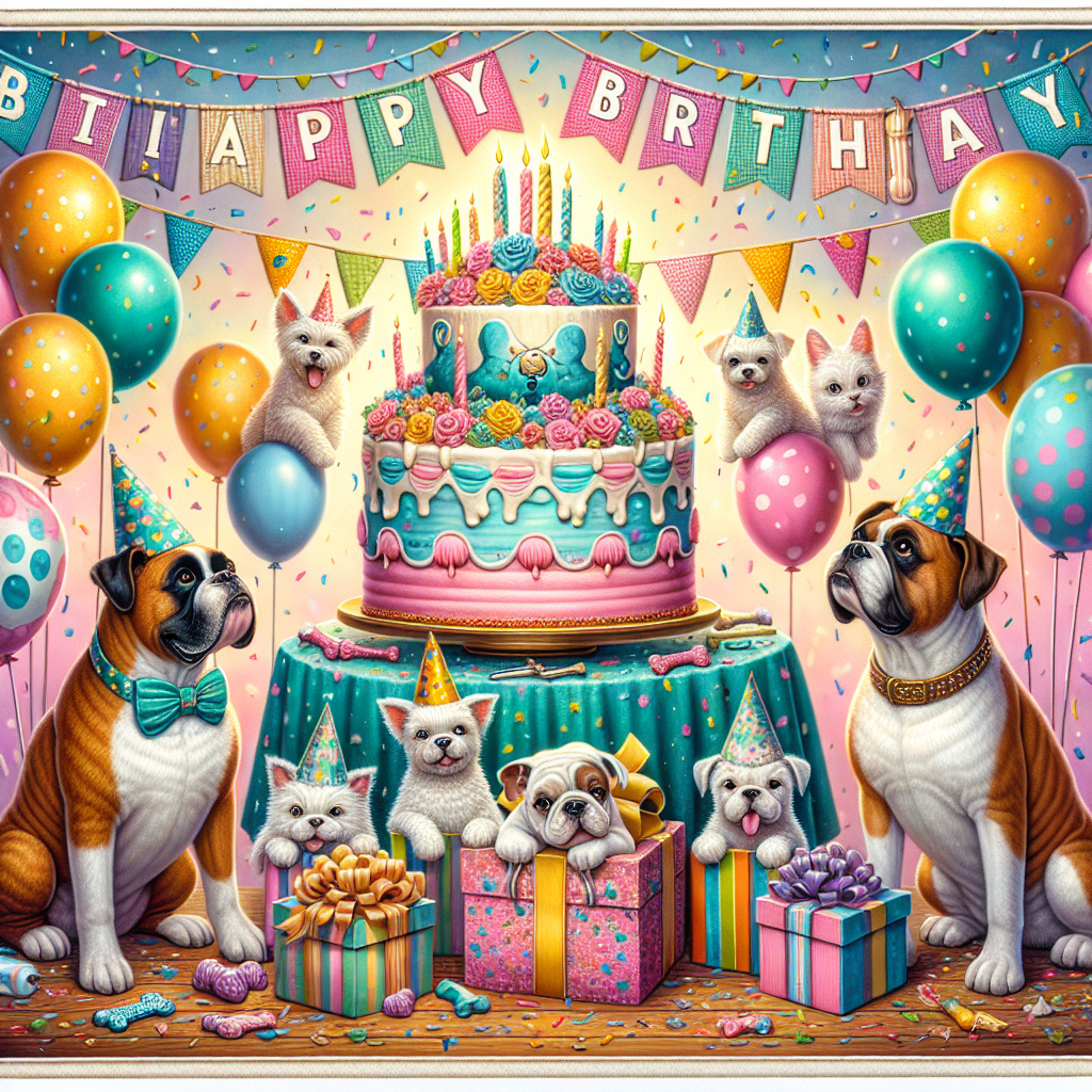 A lively birthday celebration scene with a massive, pastel-hued birthday cake taking center stage on a table embellished with a vibrant tablecloth showcasing polka dot and striped patterns. An all-white Boxer dog and another brown Boxer dog, both sporting adorable party hats, flank the cake, their expressions overflowing with mischief. A brown and white English bulldog wearing a bowtie sits in anticipation in front of the cake, its gaze fixed upwards, seemingly waiting for a tidbit. The backdrop is a riot of colors with confetti and balloons in various shades of pinks, blues, and yellows scattered around, some suspended mid-air. To the right, an all-white cat featuring a ribbon-bound tail resides in an oversized gift box wrapped in glimmering teal paper and topped with a large yellow bow. Overhead, party flags featuring bone and fish cartoons are strung while a banner, spelling out 'Happy Birthday' with colorful, oversized letters hangs majestically across the scene.
Generated with these themes: 1 All White Boxer dog, 1 Brown Boxer dog, 1 brown and white English bulldog, and All White cat.
Made with ❤️ by AI.