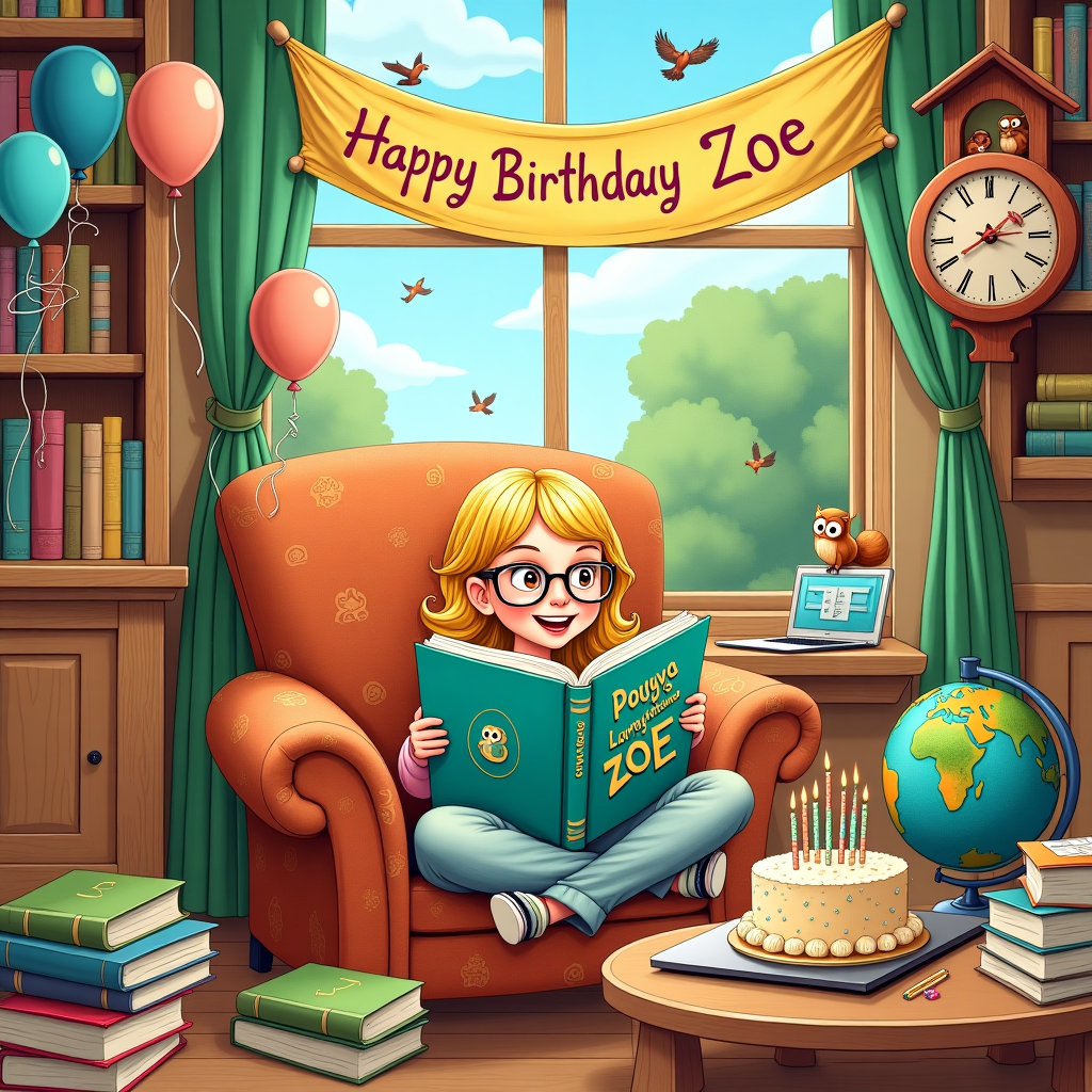 In this whimsical birthday card illustration, a bustling scene unfolds in a quaint, book-filled living room inspired by the charming and intricate styles of Norman Rockwell and Quentin Blake. The focal point is a cheerful, blonde girl with glasses, who is enthusiastically immersed in a large, brightly colored book titled "Duolingo: A New Language Adventure" with cartoonish owls, reminiscent of Aubrey Beardsley's detailed line work, flitting across the cover. She sits cross-legged on a cozy, oversized armchair patterned with delicate motifs akin to those found in Beatrix Potter's illustrations. 

Around her, the room is a delightful chaos of birthday festivities, drawing from Maurice Sendak's playful and imaginative touch. Balloons in vibrant hues of blue, green, and pink float lazily towards the ceiling, each balloon bearing a letter to spell out "Z-O-E" in bold, swirling calligraphy. A quaint, hand-painted cuckoo clock on the wall, echoing Edward Gorey's gothic whimsy, displays a small owl peeking out, as if offering a birthday hoot.

The coffee table in front of her is laden with an assortment of bilingual books and an array of open Duolingo tabs on a vintage, laptop with a sleek, art deco design echoing Maxfield Parrish's radiant colors. Next to the laptop, a miniature cake shaped like a globe is adorned with tiny flags and an intricately piped "Happy Birthday Zoe" in emerald green frosting. 

In the background, an expansive window reveals a glimpse of a sunny, animated garden scene, with birds in mid-flight and a squirrel peering curiously through the glass, as if Arthur Rackham himself had painted them into this vibrant tableau. Above the window, a banner streams across, crafted from paper cutouts styled like Gustave Doré's intricate engravings, further reiterating the "Happy Birthday Zoe" message. The entire scene weaves a narrative of celebration and learning, a birthday spectacle truly befitting Zoe's adventurous spirit.
Generated with these themes: Blonde girl with glasses doing Duolongo early before her friends.
Made with ❤️ by AI.