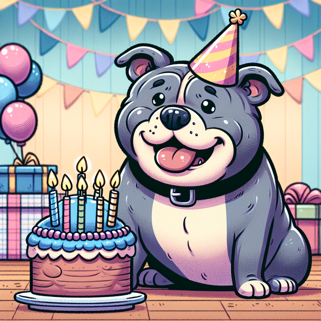 Generate a cheerful, drawn cartoon image of a lively birthday party. The focus is on a chubby Staffordshire Bull Terrier with a blue-grey coat and soulful brown eyes. It is happily wagging its tail, sporting a birthday party hat that sits askew on its head. The ambiance is festive with decorations and presents rounding out the scene. There is also an enticing, cheerful birthday cake adorned with lit candles, eagerly waiting to be blown out.
.
Made with ❤️ by AI.