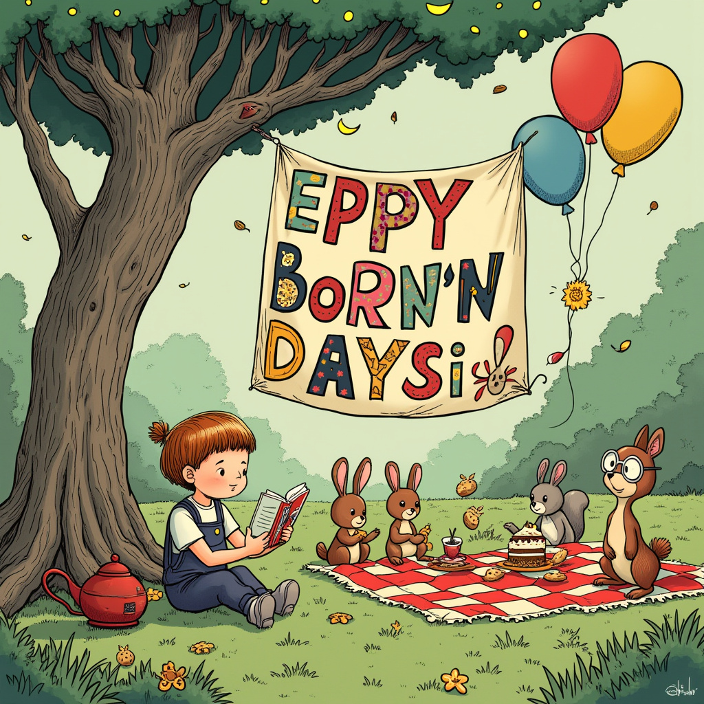 In the foreground of the scene, a cartoonish, cheerful yet solemnly contemplative landscape unfolds. Imagine a pastel-colored, enchanted garden with a hint of otherworldly charm, inspired by Winsor McCay's dreamlike realms. To the left, a large, sprawling tree stands with gnarled roots and branches, reminiscent of Charles Schulz's thoughtful, grounded nature. From its branches hang whimsical, crescent moon-shaped balloons with softly glowing lights inside, echoing Art Spiegelman’s clever and symbolic use of imagery. 

Under the tree sits a charming, anthropomorphic little girl, with features inspired by Osamu Tezuka's wide-eyed characters, complete with a playful tuft of hair akin to Astro Boy. She is engrossed in an oversized, colorful birthday card that reads, "EPpY B0rNnn DaY siStrrr," with each letter cleverly illustrated to mimic everyday objects—like E as a comb and P as a bubble pipe—showcasing R. Crumb's attention to quirky detail. 

In the background, a series of Disney-esque animated animals—squirrels, rabbits, and birds—gather in a semi-circle, playfully holding up a banner that spells out "maY aLlAh blEsS uHh" in vibrant, patchwork letters that look like they’ve been cut from different fabrics, inspired by Bill Watterson’s imaginative use of textures. The animals are animated with just a hint of Gary Larson's offbeat humor, each having a distinct personality: a rabbit in glasses is studying a book, a squirrel is juggling acorns, and a bird is curiously examining its own wing.

To the right, a quaint, comic-strip style picnic setup is laid out, complete with a classic red-checkered blanket and a spread of cartoonishly large and delightful treats—cakes, cookies, and a teapot reminiscent of Hergé’s precise and meticulous line work. Nearby, a miniature figure that pays homage to Will Eisner's dramatic, expressive style gestures animatedly towards the picnic, inviting the viewer into the scene.

Finally, the sky above, drawn in a gradient that shifts from a tender pink to a deep twilight blue, is speckled with glittering stars, some of which seem to spell out blessings and wishes, adding an ethereal touch. This celestial backdrop hints at McCay’s slumberland, casting a dreamlike enchantment over the entire scene, drawing the observer into a unique birthday narrative that is both playful and contemplative.
Generated with these themes: EPpY B0rNnn DaY siStrrr maY aLlAh blEsS uHh .
Made with ❤️ by AI.