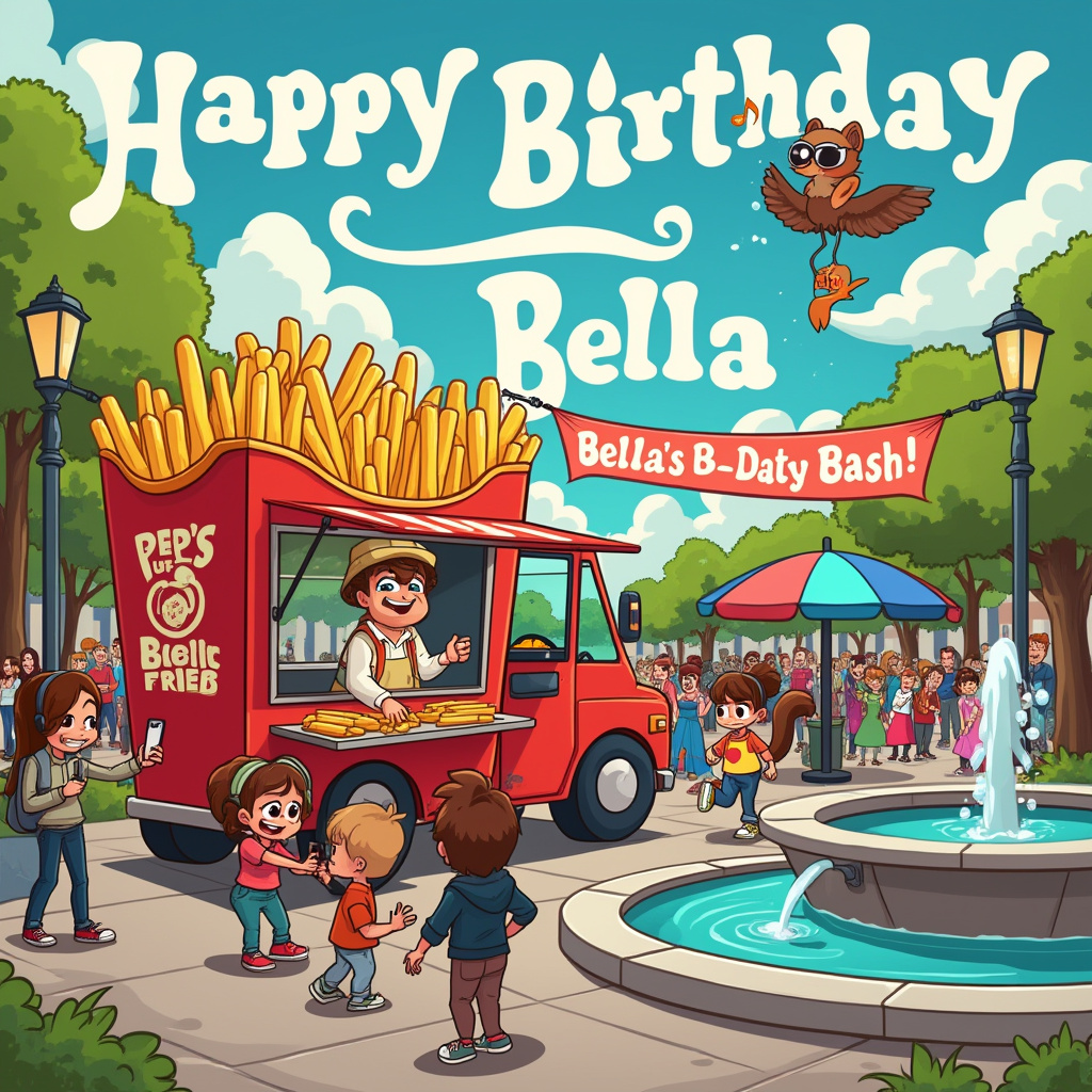 In a bustling urban park, a humorous birthday scene unfolds beneath a clear blue sky with fluffy clouds whimsically spelling out "Happy Birthday Bella!" A lively cartoon setting showcases an English cut fries food truck, whimsically shaped like a giant fry box, parked amidst the hustle and bustle. The food truck is run by a cartoon roadman, complete with a puffer jacket, bucket hat, and sneakers, who is joyfully handing out fries shaped like little TikTok logos to a diverse crowd of enthusiastic cartoon characters. The roadman, with his exaggerated swagger and exaggerated gestures, is the comedic heart of the scene, humorously trying to keep up with the crowd's orders while balancing a tray of fries on his head.

In the foreground, a group of animated friends, each representing different TikTok dance trends, are performing a choreographed birthday dance, creating a sense of movement and fun. One character, with oversized headphones and a phone, captures the moment on TikTok, with cartoon-like musical notes floating above their head. Behind them, a colorful birthday banner stretched between two lamp posts proudly displays "Bella's B-Day Bash!" in bold, playful letters.

To the right, a whimsical fountain shaped like a giant soda cup fizzes with cartoon bubbles, where birds with tiny baseball caps and sunglasses are perched, chirping along to the TikTok dance music. A whimsical squirrel in a hoodie is cheekily trying to sneak away with a fry, while a curious cat wearing a tiny crown watches from atop the food truck, adding to the playful chaos.

The overall scene is a delightful collage of quirky characters and animated elements, bringing together the themes of English cut fries, roadmen, and TikTok into a lively birthday celebration for Bella, bursting with cartoon charm and energy.
Generated with these themes: English cut fries, Roadmen, and Tiktok.
Made with ❤️ by AI.