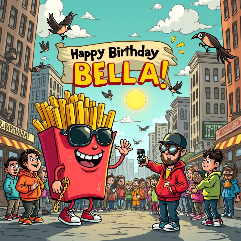 In the bustling, animated heart of a cartoon city, a delightful scene unfolds in the foreground of the birthday card. Picture a busy street with towering skyscrapers, reminiscent of a playful mash-up of Art Spiegelman's intricate cityscapes and Winsor McCay's dreamy structures. The scene is a joyous chaos where elements of urban life and whimsical fantasy collide. 

At the center of this vibrant street, a gang of cheeky, stylized roadmen, each with oversized, exaggerated features and sporting a variety of bold, brightly colored tracksuits, are clustered around a makeshift stall. The stall is a nod to an old-school chip shop, with a cheeky twist: it’s a giant, smiling carton of English cut fries, complete with a snazzy pair of sunglasses and a gold chain hanging from one of its crispy edges. 

One roadman, wearing a distinctive flat cap and holding a smartphone, is filming a TikTok dance with exaggerated, cartoonish movements, his fingers snapping and feet tapping in sync with the fries, which are doing their own hilarious dance in their carton. Another roadman is handing out fries to a queue of diverse, quirky characters – perhaps a nod to R. Crumb's eclectic parade of figures – each with a unique accessory like an oversized watch, a pair of bright sneakers, or a giant boombox on their shoulder, adding layers of humor and detail.

In the sky above, cartoon birds carry a bright, flowing banner that swoops across the scene, reading "Happy Birthday Bella!" in bold, colorful letters, each letter artistically embellished with tiny, amusing details like dancing fries or mini TikTok logos. Above, fluffy clouds shaped like speech bubbles à la Schulz hover, with a friendly sun wearing roadman-style sunglasses casting a warm glow over the entire scene, giving everything a soft, welcoming touch that’s both engaging and lively.

Every corner of this card is alive with motion and personality, each element telling a small part of Bella's joyous birthday narrative, ensuring that her special day is as unique and memorable as this delightful cartoon city.
Generated with these themes: English cut fries, Roadmen, and Tiktok.
Made with ❤️ by AI.