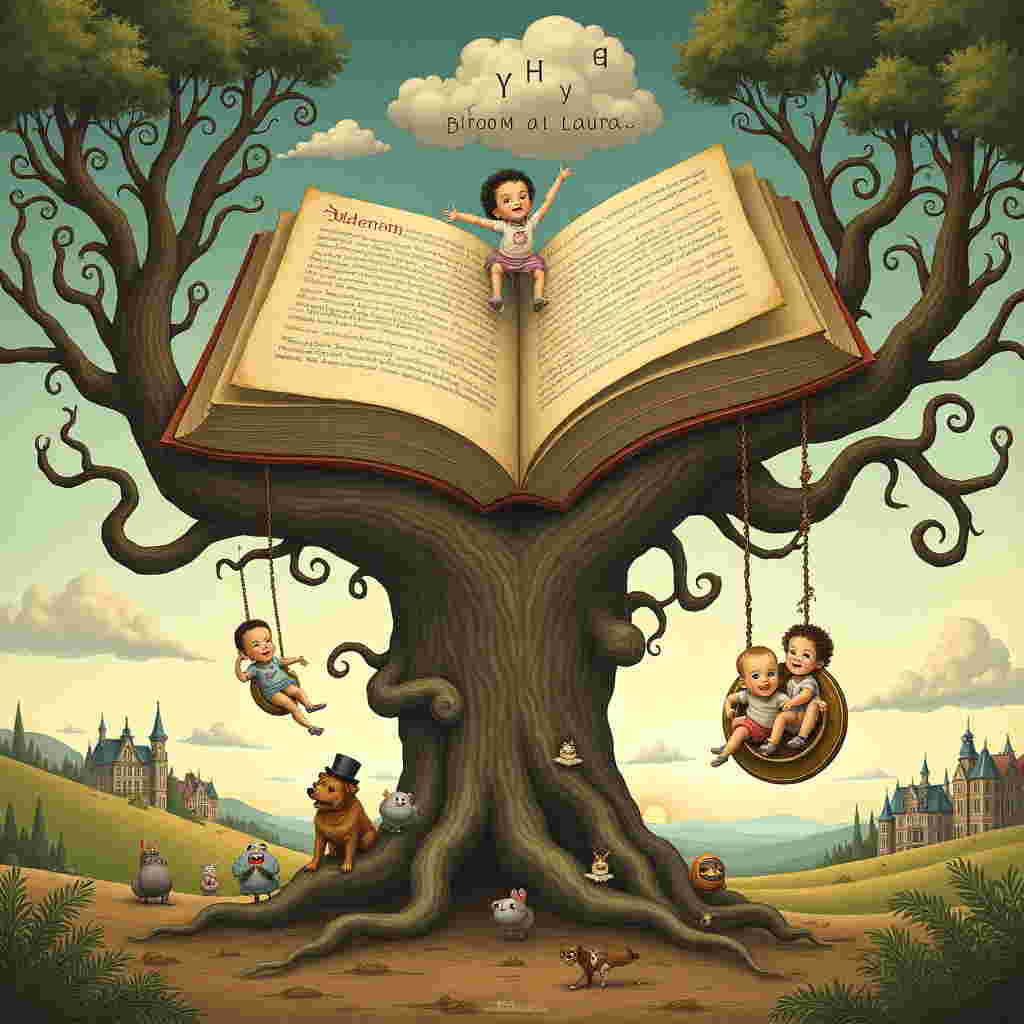 In the foreground of this surreal birthday illustration, a sprawling ancient tree rises majestically, its gnarled roots stretching across a whimsical landscape. The tree's branches twist and twine into the shape of an open book, paying homage to Laura's role as both an older sister and a teacher. Each page of this arboreal tome reveals scenes from fairy tales, with tiny figures reminiscent of Beatrix Potter's woodland creatures frolicking between the words. Nestled among the branches, a pair of adorable toddlers - Laura's children - playfully dangle from a swing made from a golden locket, their joyful expressions captured in a style reminiscent of Norman Rockwell's sentimental realism. Below them, a parade of Maurice Sendak-like whimsical creatures marches in a celebratory procession, led by Brian, the loyal family dog, sporting a jaunty cap and bowtie. 

Floating above the tree, in an expansive sky infused with the dreamy luminescence of Maxfield Parrish, a cluster of clouds curls and swirls to spell out "Happy Birthday Laura" in delicate, ethereal script. Each letter seems to shimmer with the reflective hues of a sunset, casting gentle shadows on the landscape below. In the background, an Edward Gorey-esque collection of charmingly eerie houses peeks over a rolling hill, adding a dash of whimsical mystery. The entire scene is framed by swirling Art Nouveau borders, reminiscent of Aubrey Beardsley's intricate lines, drawing the viewer's eye towards the enchanting details that celebrate Laura's roles and her special day.
Generated with these themes: older sister, teacher, mother of 2, dog called brian.
Made with ❤️ by AI.