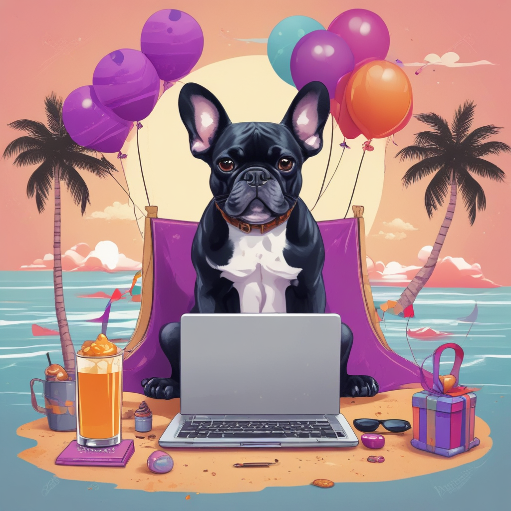 Illustration Cute, Create a charming illustration perfect for a birthday occasion. The scene involves Whiskey, a black French bulldog, casually reclining on a sunny beach with a laptop. Whiskey is surrounded by birthday ornamentations such as streamers and balloons in multiple shades of aubergine purple. The juxtaposition of technology and nature infuses a peculiar and spirited style to the view, portraying Whiskey experiencing a pause from the digital world to appreciate the pleasures of sun, sand, and waves on this distinctive celebration.
Generated with these themes: Black French bulldog, Whiskey, Computers, Beach, and Aubergine.
Made with ❤️ by AI.