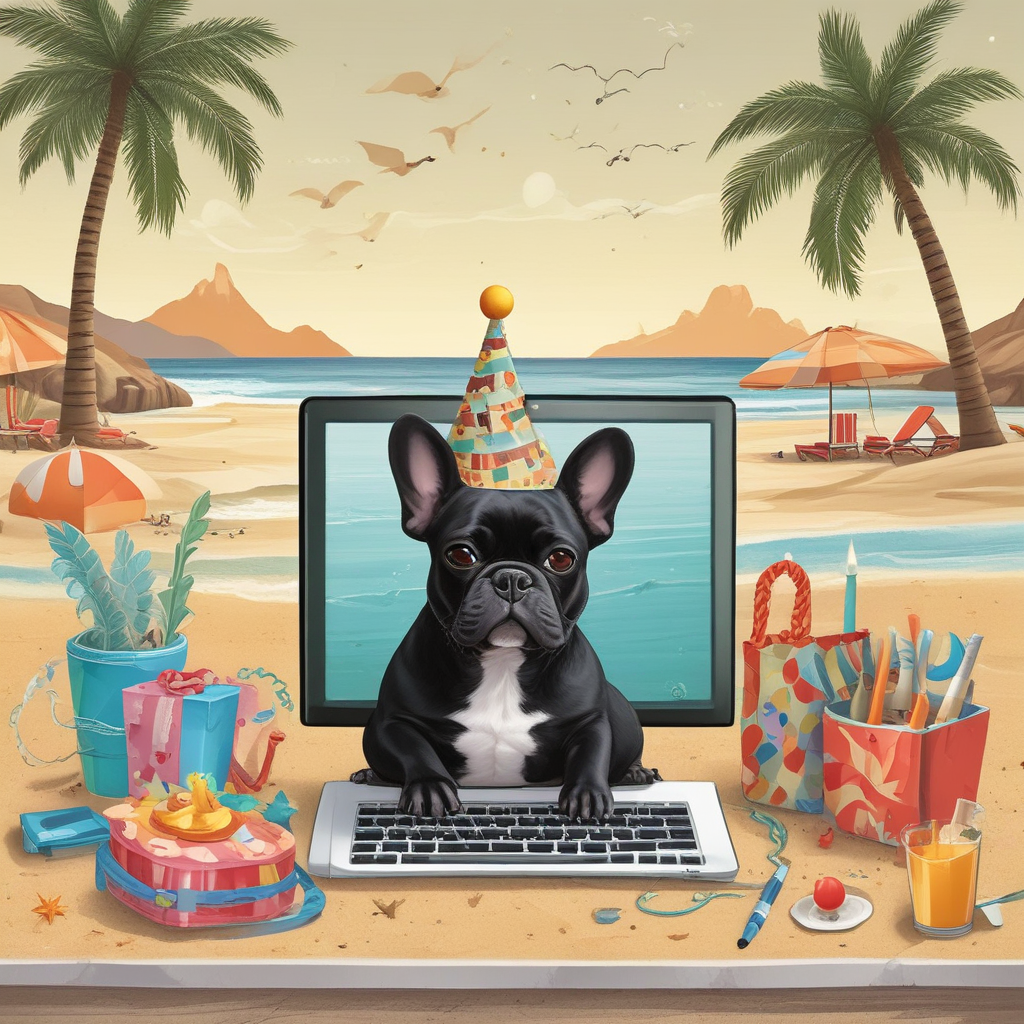Illustration Cute, Craft a charming, beach birthday party illustration with a playful black French bulldog as the centerpiece. The dog, who we'll call Whiskey, is happily posed in front of a computer on a sandy seashore. The atmosphere should be bright and full of joy, reflecting a festive celebration by the ocean. Whiskey is donning a jovial party hat, and next to him, a picnic is arranged with a deep purple blanket and balloons of the same color playfully bouncing in the gentle seabreeze.
Generated with these themes: Black French bulldog, Whiskey, Computers, Beach, and Aubergine.
Made with ❤️ by AI.