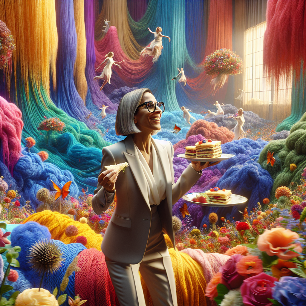 Depict a dreamlike scene within a chamber exhibiting a kaleidoscope of colors. In the center, a confident Hispanic businesswoman with a short blond bob and sleek glasses is celebrating her birthday. Surrounding her are cascades of lush fabrics, appearing like waterfalls of vibrant threads and numerous whimsical flowers, each swaying independently, giving the scene an enchanting garden aura. Amid this riot of colors, she's joyfully consuming traditional Scandinavian smørrebrød, symbolizing indulgence in life's simple pleasures on her noteworthy day.
Generated with these themes: Boss lady with a short bob in blond with glasses, Surrounded by fabrics, Flowers, and Eating smorrebrod.
Made with ❤️ by AI.