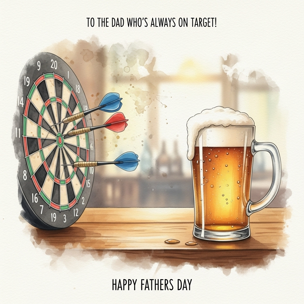 At the bottom of the Watercolor Style image, the text reads: **Happy Fathers Day**

---

### Image Prompt:

Imagine a cozy pub scene, delicately rendered in soft watercolors. On the left, a dartboard with a few darts perfectly embedded near the bullseye. On the right, a wooden table with a frothy pint of beer catching the light, its glass glistening with droplets of condensation. The background is a gentle blur of warm hues, suggesting a friendly and inviting atmosphere. A faint aroma of hops and laughter almost seems to waft from the page. Above the scene, a subtle caption reads: "To the dad who's always on target!" 

The overall composition conveys warmth and appreciation, capturing the essence of relaxation and skillful play, a perfect homage to a beloved father.
Generated with these themes: Darts, Beer, and .
Made with ❤️ by AI.