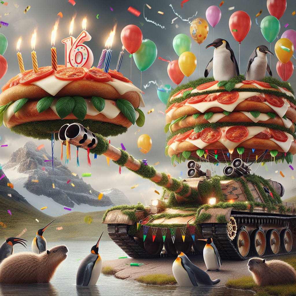 Create a surreal image where a 16th birthday party takes place in a fantastical landscape wherein capybaras and penguins coexist peacefully. The centerpiece of this celebration is a grand tank decorated with multi-colored balloons and streamers. Its cannon, instead of being a symbol of warfare, has been hilariously repurposed to shoot bursts of confetti into the sky. Sitting majestically atop this war machine is a gargantuan Margherita pizza, serving as the birthday cake for the occasion. Flickering candles are interspersed throughout the melty mozzarella and fresh basil leaves, amplifying the surrealism of the scene.
Generated with these themes: 16, Capybara , Penguin , Tank, and Margerita pizza.
Made with ❤️ by AI.