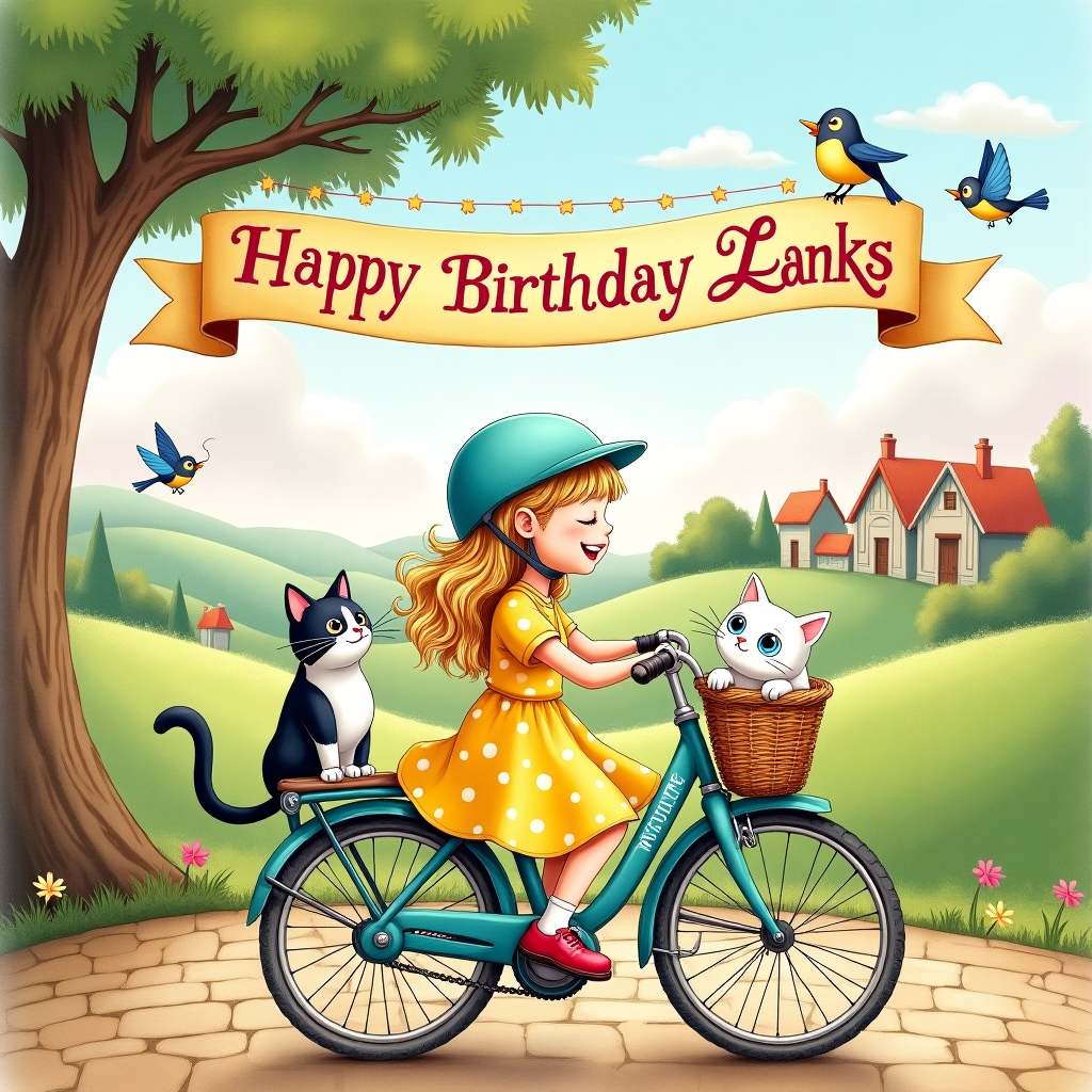 In the foreground, a blond girl with a cascade of sunlit hair cascading out from under a vintage, pastel-blue helmet is joyfully riding a quaint, teal-colored bicycle. Her dress, a delightful daffodil yellow with white polka dots, flutters in the breeze as she pedals along a whimsical cobblestone path. Her feet, clad in cherry-red Mary Jane shoes, hover above the pedals.

Perched in the wicker basket at the front of her bike, a white cat with piercing azure eyes peeks out with curiosity, its fluffy tail waving like a friendly flag. Accompanying it, a black and white tuxedo cat sits beside, wearing an imaginary monocle and top hat for a playful twist. Their expressions are detailed, with fine ink lines capturing the quizzical tilt of their heads.

Above, a soft sky of watercolor hues transitions from soft pinks to baby blues, with fluffy white clouds peppered throughout. Among these clouds, a flock of animated birds, each with distinct markings, flutters playfully, their wings painted in a spectrum of gentle, earthy tones.

In the background, a panorama of rolling hills painted in lush emerald and lime greens meets a horizon dusted with a collection of quaint cottages, each with smoke curling from chimneys painted in warm sepia tones. To the left, an ancient oak tree, with gnarled branches reaching upwards, supports a vibrant banner strung across two of its limbs.

Emblazoned on this banner, in a whimsical script reminiscent of fairytale tales, are the words "Happy Birthday Lanks." The letters are vivid, alternating between magenta and cerulean, each dotted with tiny white stars that catch the eye and lead it across the scene.

Overall, the scene is filled with meticulous detail, with cross-hatched shadows and delicate ink outlines echoing the influence of Edward Gorey and Aubrey Beardsley, while the vibrant palette channels the enchanting worlds of Quentin Blake and Maurice Sendak.
Generated with these themes: blond girl riding a bike with a white cat and black and white cat.
Made with ❤️ by AI.