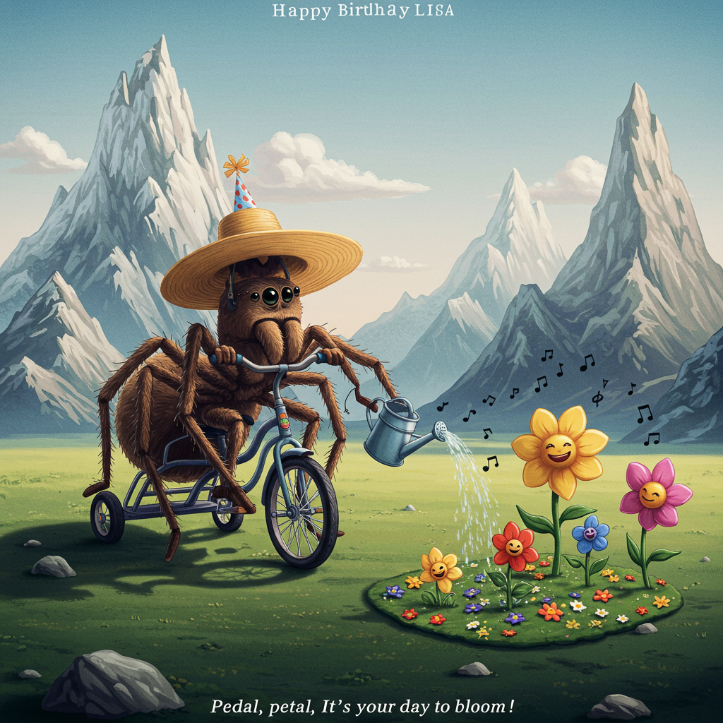 At the top of the Surreal Style image, include the text: **Happy Birthday Lisa**

---

**Image Description:**

In a whimsical, dreamlike landscape, towering mountains loom in the background, their peaks bending and swirling as if caught in a cosmic dance. Nestled among these majestic mountains is a peculiar scene—a giant spider pedaling a tricycle. Its many legs elegantly maneuver the pedals while its eyes twinkle with mischief.

The spider wears a gardener’s sunhat, comically oversized, perched atop its fuzzy head. Clutched in one of its legs is a tiny watering can, from which rainbow-colored water pours onto a patch of flowers that seem to float in mid-air. These flowers have faces, smiling and singing a birthday tune as they bloom in impossible hues.

The ethereal lighting casts playful shadows, giving everything a liquid, melting appearance, reminiscent of Dali's surreal worlds. A single, cheeky line of text below the scene reads: "Pedal, petal, it's your day to bloom!" 

This image captures the essence of a fantastical birthday adventure, where the ordinary becomes extraordinary in a landscape where anything can happen.
Generated with these themes: Mountains, Spider Tricycle, Gardening, and .
Made with ❤️ by AI.
