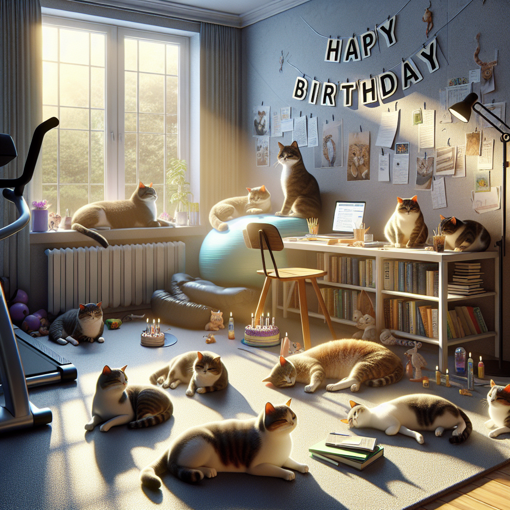 A room is filled with the gentle illumination of the morning sun, creating a peaceful setting for a birthday celebration. Several cats, depicted in a realistic style and representing different breeds, are lounging about the room. Some are sprawled out lazily on the windowsill, basking in the warmth of the sun. A well-organized study zone stands out amidst the celebration, with textbooks and notes punctuated by understated birthday decorations. Exercise equipment is positioned to one side of the room, suggesting an active lifestyle amongst this delightful domestic scene.
Generated with these themes: Cats and kittens, Sunshine, Exercise, and Studying.
Made with ❤️ by AI.