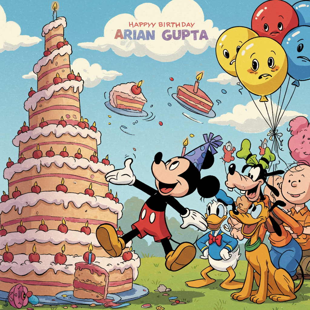 In the vibrant and whimsical style of Walt Disney, mixed with the playful exaggeration of Bill Watterson and the bold outlines of Charles Schulz, envision a birthday scene bustling with fun. The centerpiece is a giant, towering birthday cake that spirals upward with layers resembling a mix of Alice in Wonderland and Osamu Tezuka's imaginative worlds. 

Mickey Mouse, with his classic round ears and cheerful grin, is front and center. He's wearing a party hat that's far too large, drooping over one of his iconic ears, adding a dash of R. Crumb's delightful exaggeration. Mickey is balancing on one foot, his other foot playfully extended, as he attempts to catch a flying slice of cake that's comically suspended in mid-air, reminiscent of the dynamic movement in Winsor McCay's work.

Surrounding Mickey are vibrant, oversized balloons in every color imaginable—candy apple red, sunny yellow, and sky blue—each balloon with a face akin to the humorous expressions from Gary Larson's The Far Side. The balloons float lazily in the background, their strings twisted and entangled in an amusing fashion.

Behind this lively scene, the sky is a serene Hergé-style blue, dotted with fluffy clouds that could have wandered in from a Peanuts strip. Written across one of these clouds in bold, joyful letters is "Arian Gupta," as if the name itself is part of the festive atmosphere. 

In the background, a group of classic Disney characters—Goofy, Donald Duck, and Pluto—are clustered together, each with features exaggerated in a playful nod to Art Spiegelman. Goofy’s ears flap wildly, Donald's beak is agape in surprise, and Pluto's tail is a whirlwind of excitement.

This birthday scene is a riot of colors, exaggerated features, and animated antics, capturing the essence of a celebration in a style that dances between comic and cartoon, all set to delight and entertain on a greeting card front.
Generated with these themes: Mickey Mouse.
Made with ❤️ by AI.