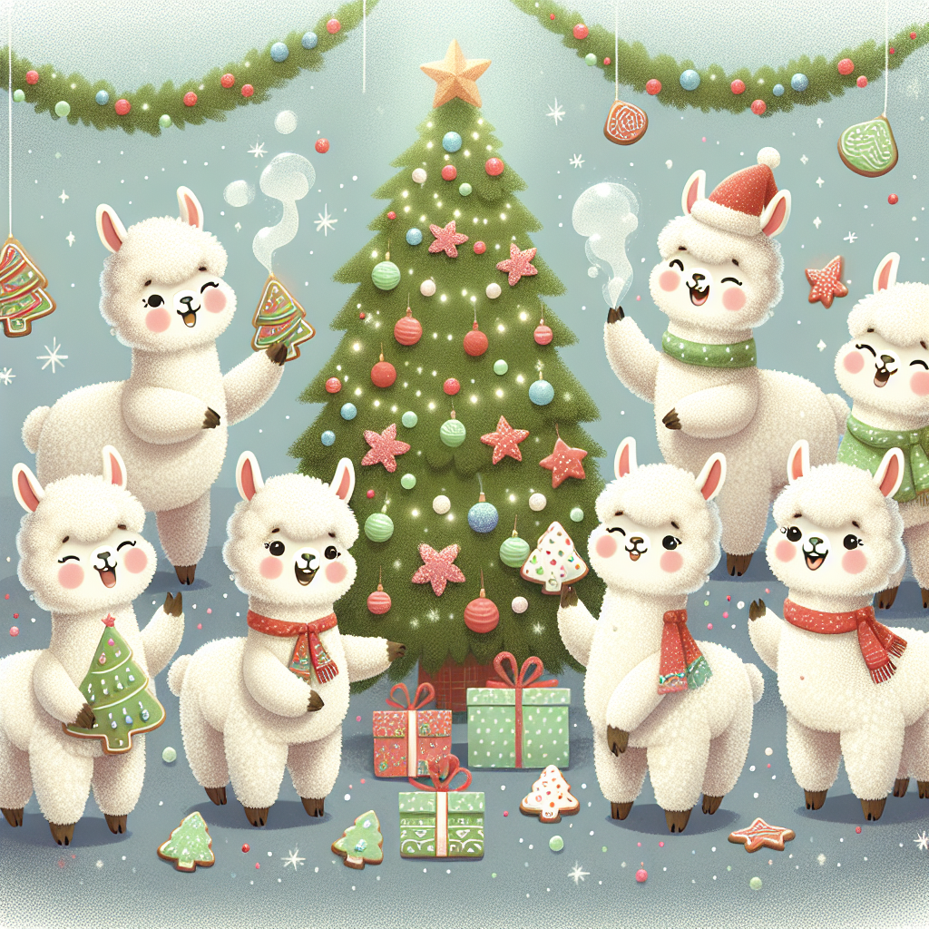 In this heartwarming Christmas illustration, a gathering of adorable alpacas is seen partaking in holiday cheer as they stand beside an ornately decorated tree. Each alpaca sports a jolly expression, and a slightly comical detail emerges where tiny toots of joy escape them, mingling with the scent of freshly baked tree-shaped cookies.
Generated with these themes: farting alpacas christmas tree cookies.
Made with ❤️ by AI.