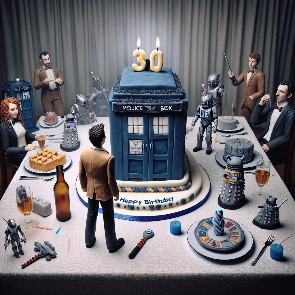 The 30th birthday scene is imbued with a solemn, realistic atmosphere, where the muted color scheme depicts maturity. At the center, a meticulously designed TARDIS-themed birthday cake captures the attention. Instead of a real figure, it is garnished with an edible figure of a generic time-traveling character from a popular science fiction series, holding a device that looks like a futuristic sonic screwdriver. Miniature space-invading robots decorate the tablescape, implying an impending dynamic space-time celebration. The birthday individual surrounded by friends appreciates the gravity of reaching a milestone age. Their gathering subtly incorporates the essence of fantastical space travel, adding a touch of escapism to the otherwise realistic festivities.
Generated with these themes: Tardis, David Tennant , Dalek, 30th birthday brother, and Birthday cake .
Made with ❤️ by AI.