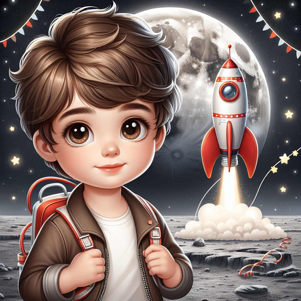 Create a charming image to celebrate a young Caucasian boy's 3rd birthday. Picture him with a playful mop of brown hair and sparkling brown eyes, wearing an adventurous space explorer's outfit. His attention is captivated by a bright red and white space rocket that stands out against the backdrop of the moon's detailed terrain. Fill the night sky with a galaxy of stars, adding to the mesmerizing and festive ambiance of this picture designed for a birthday boy infatuated with the cosmos.
Generated with these themes: 3rd birthday, Boy, Brown hair and brown eyes, Red and white space rocket , Moon, and Stars.
Made with ❤️ by AI.