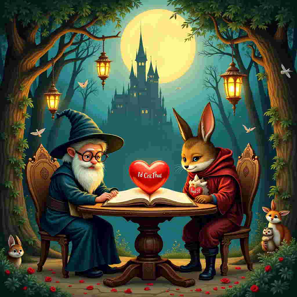 In the heart of an enchanted forest, under the glow of a heart-shaped moon, a whimsical scene unfolds where love and adventure intertwine. At the center, a classic wooden table stands, carved with intricate details reminiscent of Beardsley’s ornate designs. Atop the table is a well-worn leather-bound Dungeons & Dragons rulebook open to a page depicting a gleaming, oversized 20-sided die (a "nat 20"), its faces reflecting hues of ruby and gold. On one side of the table sits a charmingly bashful wizard with spectacles perched on his nose, a nod to the gentle innocence of Beatrix Potter's characters. Across from him, an impish rogue with a playful grin holds a plush heart-shaped pillow emblazoned with the words "I'd Crit Hit That" in bold, script-like letters. Around them, the forest is alive with fantastical elements: a sentient tree resembling the expressive style of Arthur Rackham leans over, watching with keen interest, while a small group of curious woodland creatures—owls, rabbits, and foxes—peek from behind bushes and branches, their features drawn in the lively, whimsical style of Quentin Blake. Hanging lanterns, their light soft and golden, sway gently from the tree branches, casting a magical glow over the scene. The forest floor is sprinkled with petals and moss, adding a touch of Maxfield Parrish’s lush detail. In the distance, a grand, slightly surreal castle looms, its spires spiraling toward the heart-shaped moon, reminiscent of a Gustave Doré illustration. This scene is both a celebration of love and an ode to the adventure of finding one's perfect player companion in the game of life.
Generated with these themes: I'd crit hit that, and D&D nat 20.
Made with ❤️ by AI.