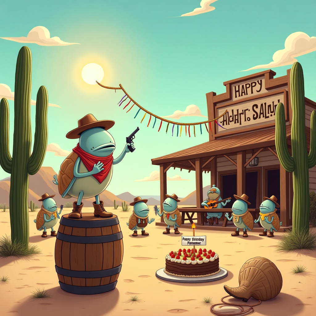 In a sunlit desert setting reminiscent of the Old West, a comical scene unfolds where a group of clam cowboys are gathered for a birthday celebration. The foreground features a large, animated clam dressed in a miniature cowboy outfit, complete with a tiny hat tilted jauntily on its shell and a small bandana tied around its lip. The clam is perched on top of a wooden barrel, serving as a makeshift stage. Around the barrel, several other clams in similarly dapper cowboy attire, including vests and boots, are gathered in a circle, some clapping their shells together in delight while others hold tiny toy six-shooters. 

Behind them, a weathered old saloon with swinging doors and a sign reading "Pearl's Saloon" is nestled between towering cacti. On the saloon porch, a clam with an oversized sheriff's badge is serenading the birthday clam with a harmonica. Above them, colorful streamers hang from the saloon's eaves, fluttering gently in the breeze. In the background, a mesa stretches towards the horizon, where a cartoonish sun sets, casting long shadows across the sandy terrain. 

Amidst this joyful chaos, a tumbleweed rolls by, inadvertently bumping into a cake precariously placed on a nearby picnic table. The cake is decorated with intricate seashell icing and a topper of a cowboy boot. A cheerful banner strung between two cacti reads, "Happy Shell-day, Pardner!" Above the scene, a lasso loops in the sky, artfully framing the entire jubilant gathering.
Generated with these themes: Clams, Cowboys, Birthday, Westens, and .
Made with ❤️ by AI.
