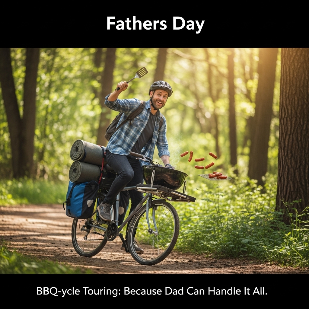 At the top of the Photorealistic picture taken from a camera image, include the text "Fathers Day."

**Image Prompt:**

Capture a lively and humorous scene depicting a father trying to balance his love for cycling, camping, and BBQ all at once. Picture a dad riding a bicycle through a scenic forest trail, with a tent awkwardly strapped to the back of the bike and a small grill mounted in front. The bike is comically overloaded with camping gear, skewed at an angle due to the weight, yet the father has a big, determined grin on his face. In one hand, he's holding a spatula triumphantly like a baton, with a few sausages humorously trailing behind him, as if about to fall off the grill. The setting is lush and vibrant with sunlight filtering through the trees, adding depth and warmth to the scene. In the bottom corner, add the caption: "BBQ-ycle Touring: Because Dad Can Handle It All!" 

This ultra-high-definition 4K UHD photograph should be filled with accurate lighting, lifelike textures, and rich depth of field to bring out the humor and charm in this father's multitasking adventure.
Generated with these themes: Cycling, camping, BBQ, and .
Made with ❤️ by AI.