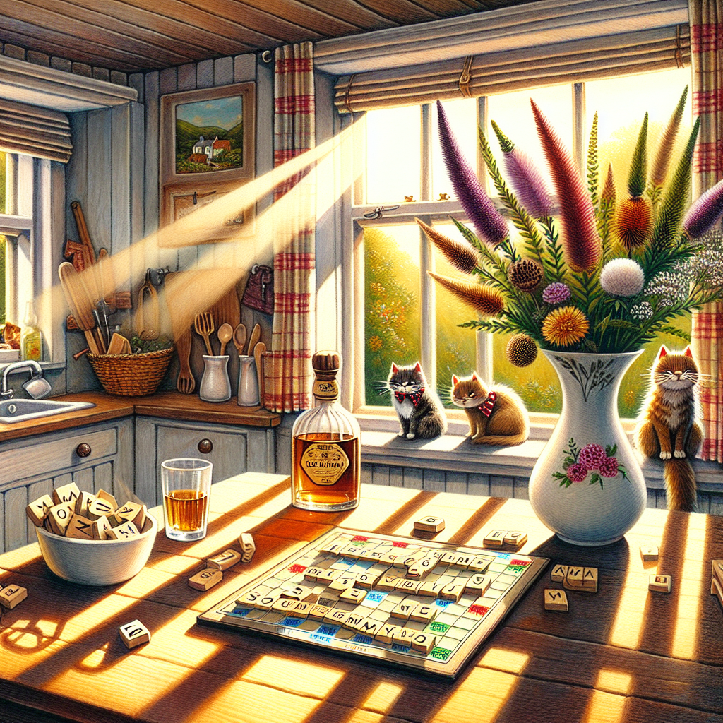 Envision a charming little kitchen within a cottage in the Scottish countryside. Strips of sunlight pierce through the window, falling in dappled patterns. On this windowsill, you see an uncorked bottle of whiskey resting next to a vase filled with various Scottish wildflowers such as thistles and heather. A game of Scrabble is laid out on the kitchen table, arranged to form a heart around the words 'Mum's Day'. In this warm domestic scene, you'll find a group of stylistically cartoonish feline characters, each wearing miniature sashes patterned with traditional Scottish tartan. These cartoon cats, seemingly part of the household, are distributed across the room; some are humorously interacting with the Scrabble pieces while others are gazing pensively out the sunlit window, creating a vibe of peaceful celebration.
Generated with these themes: Cats, Scrabble, Whiskey, and Scotland.
Made with ❤️ by AI.