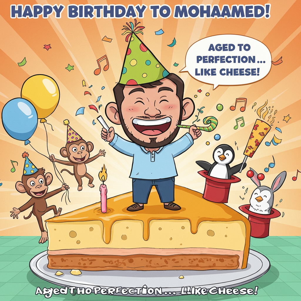 **At the top of the Cartoon Style image, the text reads:** "Happy Birthday to Mohammed!"

**Image Description:** Picture an animated, playful cartoon version of Mohammed with a huge smile, standing on a giant slice of birthday cake. He's wearing a colorful party hat with confetti bursting around him. His exaggerated proportions give him big, friendly eyes and a broad, joyful expression. In one hand, he's holding a balloon shaped like a giant cupcake, and in the other, a tiny party horn that he's enthusiastically blowing. Surrounding him are lively cartoon animals — a dancing monkey, a juggling penguin, and a rabbit popping out of a hat, all celebrating the occasion. The background is a bright and cheerful explosion of colors with floating musical notes and stars to emphasize the whimsical party atmosphere. 

**Creative Text within the image:** "Aged to Perfection... Like Cheese!"
Generated with these themes: .
Made with ❤️ by AI.