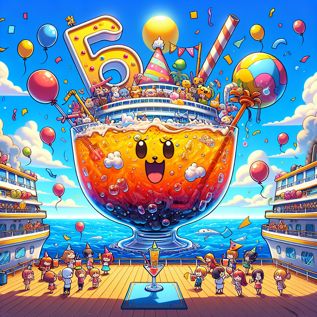 Let's experience a vivid and lively cartoon depiction of a birthday party happening on the deck of an intensely colored cruise ship. The ship's exterior is beautifully decorated with party balloons and confetti, enriching the festive mood against the background of a crystal-clear blue sky. At the center, a large cartoonish beverage is wearing a birthday hat, with the number '56' creatively drawn with bubbles floating on the liquid's surface. The name 'JACKIE' is displayed on the side of the glass, written in bold and fun cartoon-style letters. Various cartoon characters are toasting towards the drink using tiny drink umbrellas and straws, engaging in a joyous celebration filled with laughter and rhythmic music.
Generated with these themes: CRUISE DRINK 56 JACKIE.
Made with ❤️ by AI.