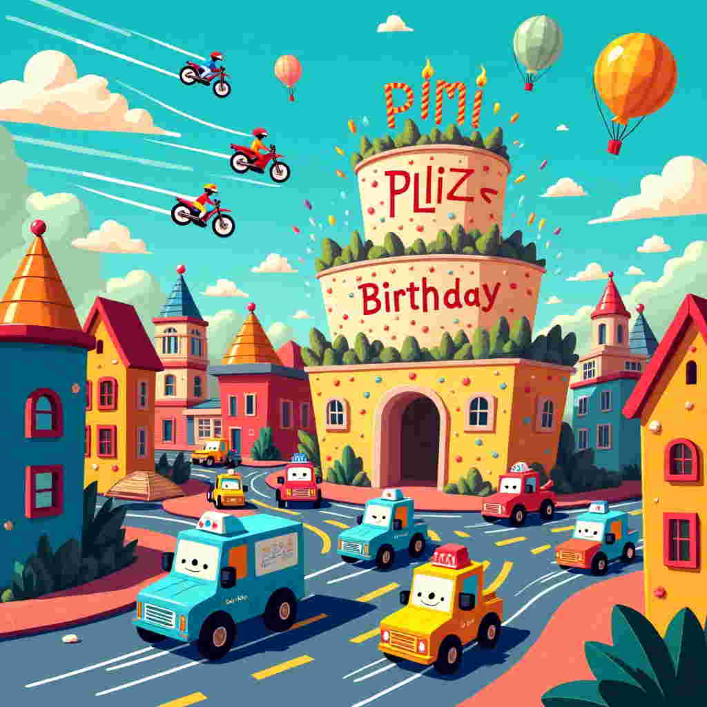 In the center of this whimsical birthday card, we see a bustling toy city, alive with activity and designed in a vibrant vector style reminiscent of Yulia Sokolova’s playful compositions. The cityscape is composed of colorful, oversized Playmobil-style buildings with quirky architectural elements—think lopsided rooftops and circular windows. In the foreground, a convoy of cheerful trucks and police cars zooms by on a winding, playful road, each vehicle humorously decked out with oversized wheels and smiling faces à la Patrick Seymour's bold line work. The police cars, with flashing lights, are engaged in a friendly chase with the trucks, as if participating in a grand parade celebrating "Dimi's" birthday.

To the left, a group of motorbikes, in vibrant hues and inspired by the geometric patterns of Orlando Arocena, perform playful stunts in mid-air, leaving trails of color that weave through the sky. Above the scene, the sky is a vivid blue canvas where fluffy clouds, shaped like letters, spell out "Happy Birthday, Dimi!" in a playful, curvy font that echoes the organic shapes seen in Geo Law's art.

In the background, a towering birthday cake, adorned with candles and confetti, is made to look like a building in the city, with "Dimi" written prominently across it in bold letters. The cake-building blends seamlessly into the cityscape, giving the impression that the entire town is a giant birthday celebration for Dimi. Colorful balloons, in the style of Matt W. Moore's kaleidoscopic color palette, float throughout the scene, adding to the festive atmosphere. The whole scene is a riot of color and movement, capturing the joyful chaos of a city that has transformed itself into a playful birthday wonderland just for Dimi.
Generated with these themes: playmobil, trucks, police cars, motor bikes.
Made with ❤️ by AI.