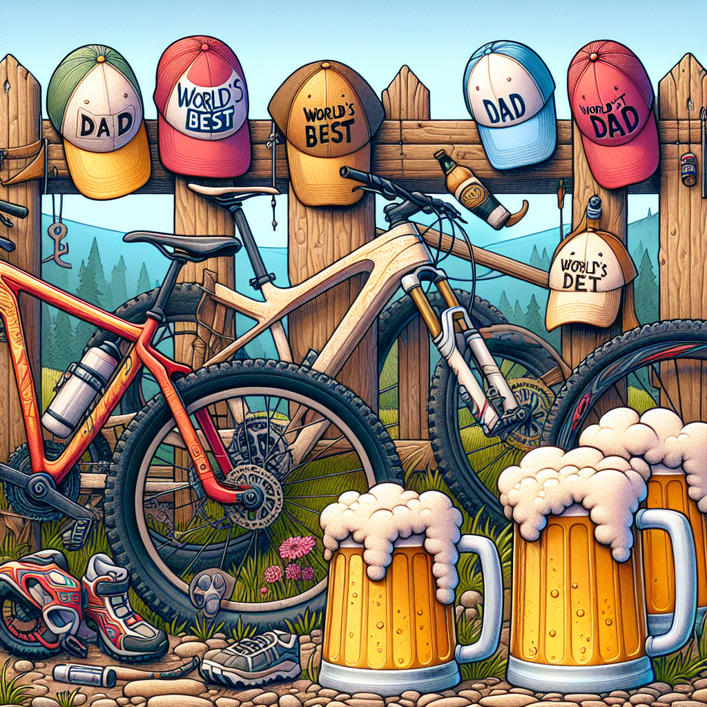 Create an entertaining and vibrant Father's Day illustration. The scene features multiple mountain bikes, featuring different bold colors and designs, leaning lazily against a rustic wooden fence. 'World's Best Dad' baseball caps, varying in style and decoration, hang affably from the fence posts, adding a hint of sentiment and humor. Scattered amid the landscape are several full beer mugs, their surfaces playfully embellished with whimsical drawings of foam beards as a light-hearted homage to all fathers. Each element in the scene nods to dad's favorite hobbies in a cheerful and endearing manner.
Generated with these themes: Mountain biking, Beer, Baseball caps, and Beards.
Made with ❤️ by AI.