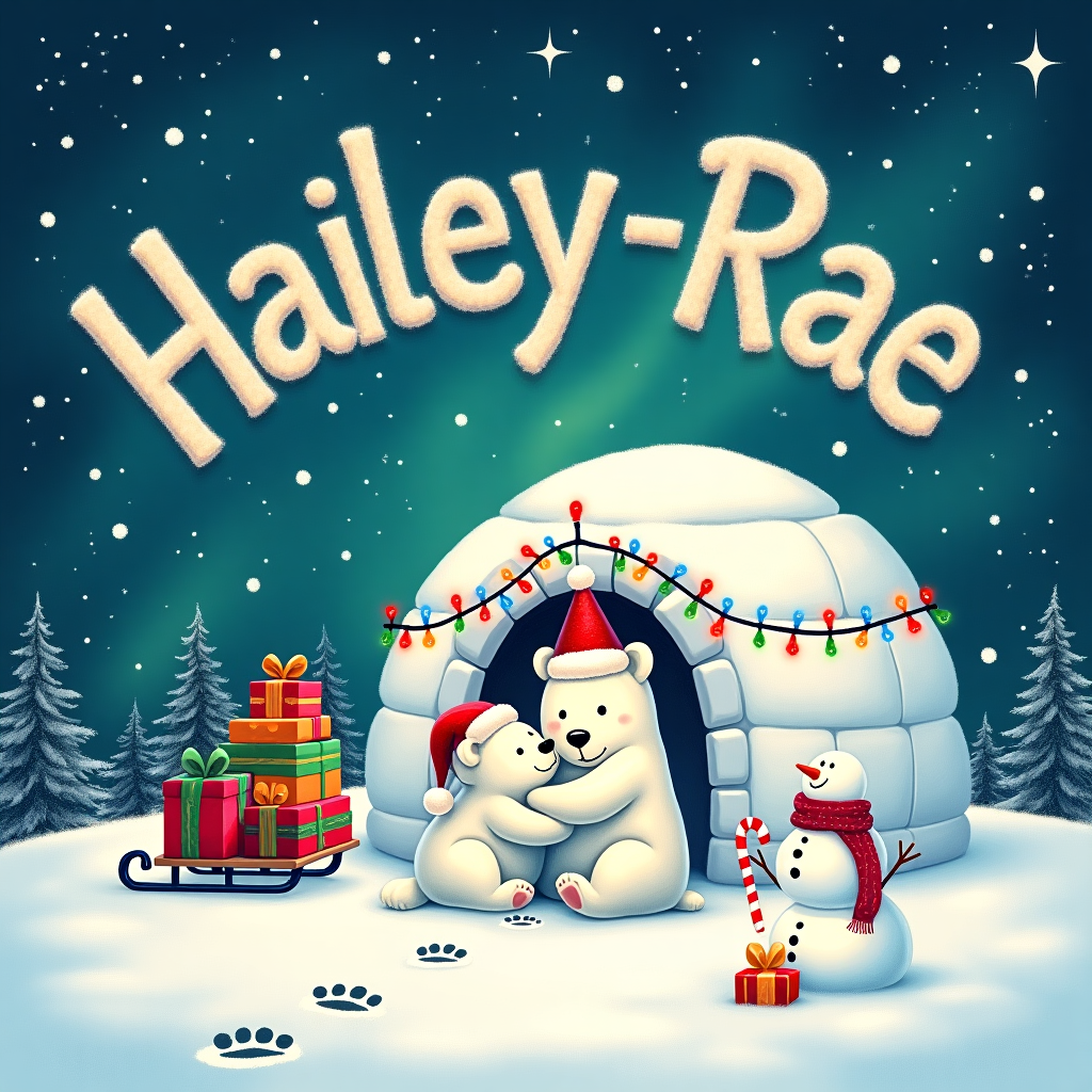 In the whimsical winter wonderland, we find an enchanting Christmas scene under a twilight sky, peppered with shimmering stars and faint green hues of the northern lights. At the center of the illustration, a large, fluffy polar bear, wearing a jolly red and white Santa hat, is cuddling up to its cub in front of a cozy, snow-blanketed igloo. The igloo is adorned with a string of colorful Christmas lights, casting a warm, multicolored glow onto the pristine snow. Near the igloo’s entrance, a tiny sled carries a stack of vibrant presents wrapped in shiny paper, each topped with a meticulously tied ribbon bow. To the side, there is an adorable little snowman sporting a scarf and carrot nose, waving merrily. The cub is playfully holding a candy cane, looking up adoringly at its parent. In the snow beneath them, pawprints lead from the igloo to the foreground, drawing viewers into the scene. Now, the sky above holds the magic—spelled out in wispy, swirling clouds is the name "Hailey-Rae," each letter appearing as if carefully painted with stardust and ice crystals, gently reminding us of the season's joy and the special recipient of this festive card.
Generated with these themes: Polar bears, Cuddles, and Igloo.
Made with ❤️ by AI.