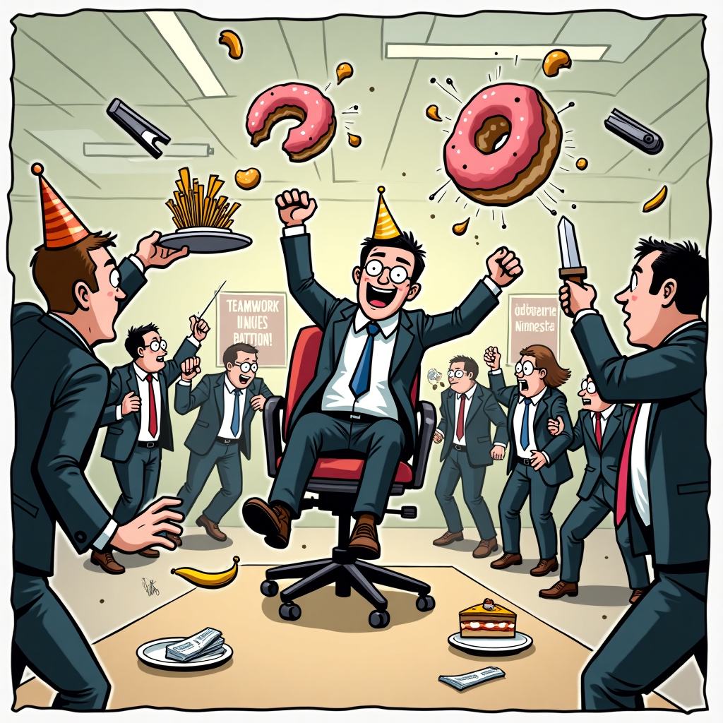 At the top of the cartoon image: **"Happy Birthday, Jon! Let the office supplies fly!"**

Prompt:  
A hilariously chaotic cartoon scene set in a drab office cafeteria that’s turned into total mayhem — imagine suited-up businessmen and businesswomen in mid food-fight frenzy. Someone’s dramatically flinging a jelly donut like a frisbee across the room while another dodges it Matrix-style with a tray full of spaghetti flying through the air. One lady is dual-wielding lunchboxes like nunchucks. Meanwhile, in the corner, two serious-looking execs are sword-fighting with rolled-up PowerPoint printouts, and someone’s chucking a stapler from behind a flipped-over conference table used as cover. In the center, Jon (with a birthday hat perched on his head and coffee spilled on his tie) is riding a wheeled office chair like a victorious war chariot, wielding a banana like a sword and a slice of cake like a shield. Background should include motivational posters like “Teamwork Makes the Spleen Work!” but partly splattered with mashed potatoes. Whole vibe is energetic, absurd, and full-on corporate combat birthday madness.
Generated with these themes: Office cafeteria, Food fight, Business men and women, Throwing suitcases and office supplies, , , , , and .
Made with ❤️ by AI.