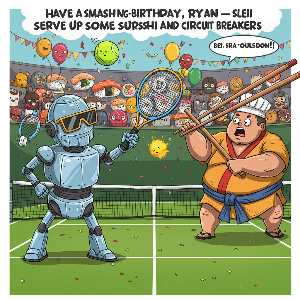 **Image Prompt:**

At the top of the vector image, "Have a Smash-ing Birthday, Ryan – Serve Up Some Sushi and Circuit Breakers!"

Create a humorous, vector-style illustration of a tennis court where a shiny, chrome-plated robot with sporty sunglasses is mid-serve, using a piece of sushi (like a nigiri or maki roll) as a tennis ball. Opposite it, a surprised sumo sushi chef (also robotic, but dressed in traditional sushi chef attire) prepares to return the serve using a giant chopstick as a racquet. The background features confetti, birthday balloons shaped like soy sauce bottles, and spectators in the stands—mostly sushi rolls and mini robots holding “Happy Birthday!” banners. Bright, playful colors and cartoonish, cheeky expressions give the image a fun, festive, and quirky vibe.
Generated with these themes: Tennis Robot Sushi.
Made with ❤️ by AI.