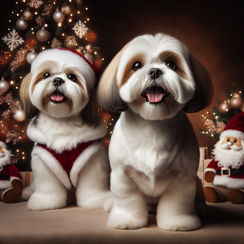The scene captures the essence of Christmas, with two adult Shih Tzu dogs taking center stage. On the left, a white-coated Shih Tzu sits contentedly, while its partner on the right features a white coat with dark brown highlights. Their average builds and warm, happy eyes add to the scene's charm.
.
Made with ❤️ by AI.