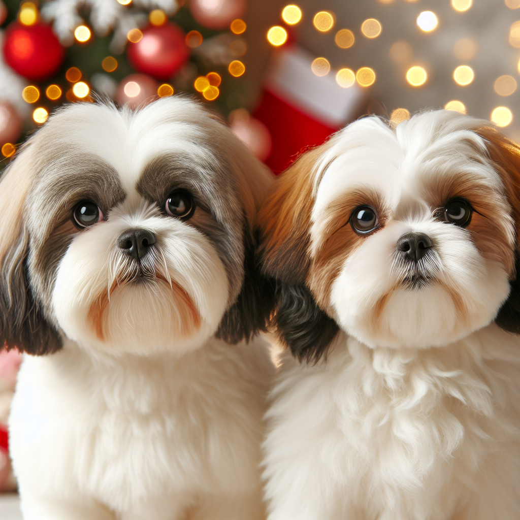 A heartwarming Christmas scene unfolds with two adult Shih Tzu dogs in front of a festive backdrop. The dog on the left boasts a pure white coat, while its companion on the right is adorned with a white coat accented with dark brown patches. Both exhibit the breed's average build and sport twinkling eyes reflecting the holiday lights.
.
Made with ❤️ by AI.