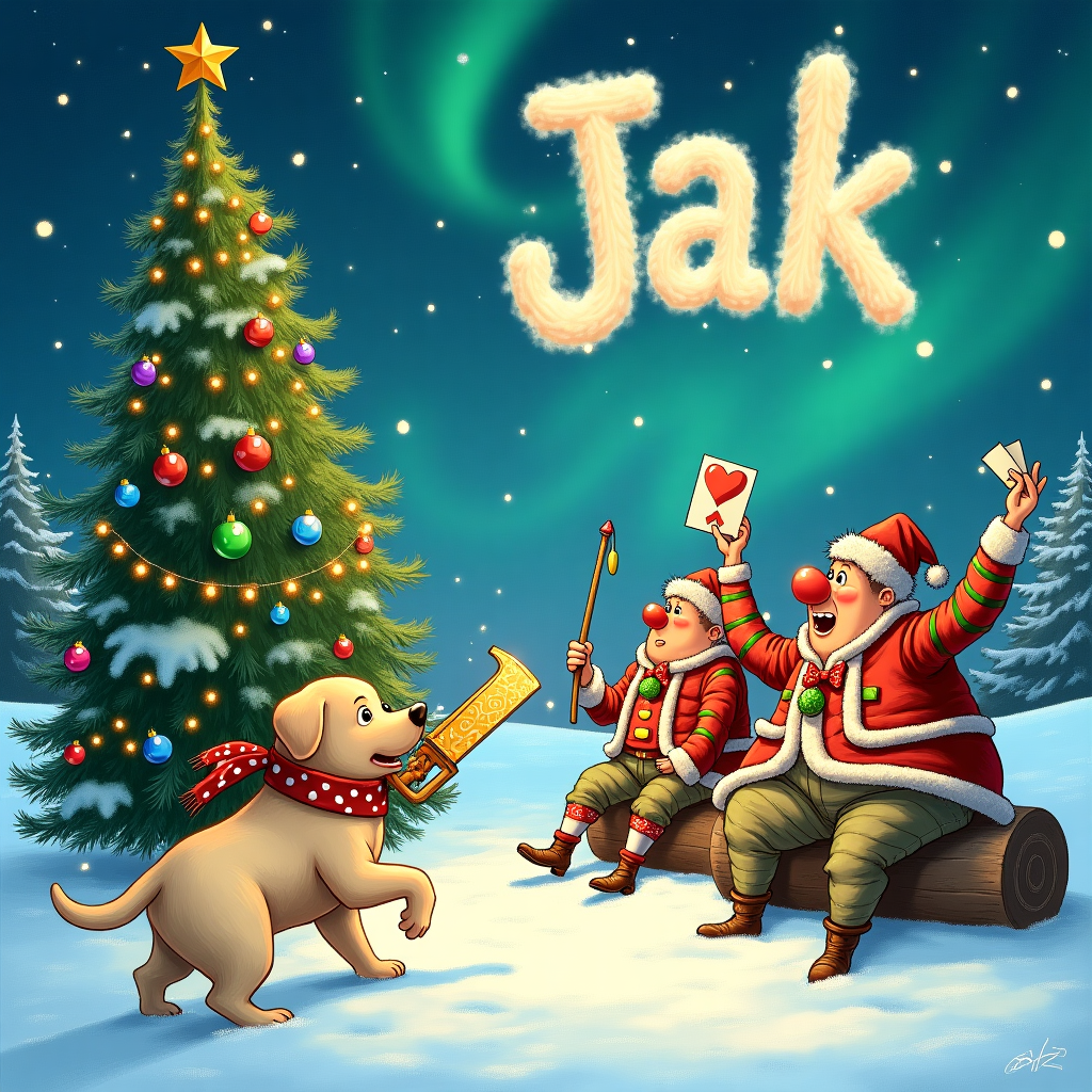 In this whimsical Christmas card scene, imagine a snowy Icelandic landscape bustling with holiday mischief. At the center of this frosty panorama stands a towering Christmas tree, its branches adorned with twinkling lights and colorful baubles, casting a glow on the snow below. Nearby, a playful Labrador, donned in a festive red and green scarf, is energetically running around the tree, holding a gleaming tree-cutting saw in its mouth. The saw, humorously oversized compared to the Labrador, has festive ribbons tied to it, giving it a jolly appearance.

To the right of this merry chaos, a group of quirky characters is engrossed in a lively magic card game. These characters, reminiscent of bozos with their exaggerated features and clown-like attire, are seated on wooden logs, each sporting elaborate and colorful tattoos that peek through their winter coats. One of them, with an impressively large red nose, triumphantly holds up a card, while the others gaze in awe or mock frustration.

Above this delightful chaos, the Icelandic sky stretches out in a brilliant twilight hue. In the sky, amidst twinkling stars, the name "Jak" is spelled out in bold, fluffy clouds, almost as if the Northern Lights themselves decided to pen this special message. This greeting ties the scene together, making it personal and heartfelt, amidst all the festive absurdity.

This scene captures the essence of holiday cheer through its quirky blend of elements, ensuring that the recipient, Jak, is enveloped in a world of Christmas magic and laughter.
Generated with these themes: Labrador, Tree cutting saw, Iceland, Magic card game, Tattoos, and Bozo.
Made with ❤️ by AI.