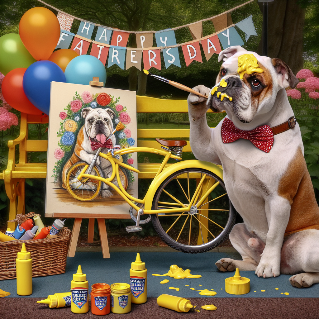 In a humorous setting apt for Father's Day, a vibrant yellow bicycle is perched carefully against a park bench. The bench is decorated with colourful balloons and a banner reading 'Happy Father's Day'. Adding a touch of hilarity to the scene is an American bulldog, complete with a decorative bow tie. This playful canine is comically attempting to paint a portrait of the bicycle with English mustard. The result is a messy but endearing masterpiece, laden with laughter and precious Father's Day memories.
Generated with these themes: Yellow bike, American bulldog, and English mustard.
Made with ❤️ by AI.