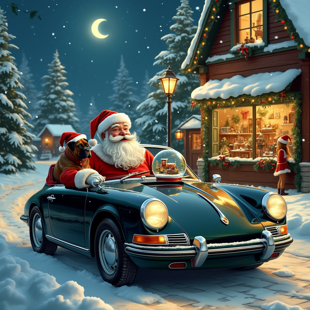 In a snow-dusted Christmas town, an eccentric scene unfolds, perfect for a greeting card. Imagine a sleek, glossy black Porsche 911 parked with its front angled towards a quaint cobblestone street, flanked by festively decorated lampposts and frosty evergreens dusted with sparkling lights. The iconic Santa Claus, clad in his traditional red suit with white fur trimmings, is at the wheel, looking rather jaunty. His bushy white beard spills onto the steering wheel, and his rosy cheeks suggest he’s just as jolly as ever. Riding shotgun is a charming Boxer dog, its brindled coat shimmering under the soft glow of a nearby street lamp. The Boxer, with its endearing floppy ears and a tongue lolling out in excitement, sports a red and white Santa hat, slightly askew, adding a playful touch. On the Porsche's dashboard, a small, twinkling snow globe contains a miniature North Pole scene, hinting at their destination. In the background, a vintage toy shop displays an enchanting array of wooden toys and mechanical trains, their colorful details captured in the windows, while a few children peer inside with wide-eyed wonder. Above the shop, the night sky is a deep indigo canvas sprinkled with stars, and a crescent moon adds a touch of magic. The essence of the scene is one of whimsical anticipation, the perfect blend of modernity and tradition, with Santa's spirited drive through a charming holiday setting.
Generated with these themes: Santa Claus , Boxer Dog, Porsche 911, and Santa driving Black Porsche with Boxer dog .
Made with ❤️ by AI.