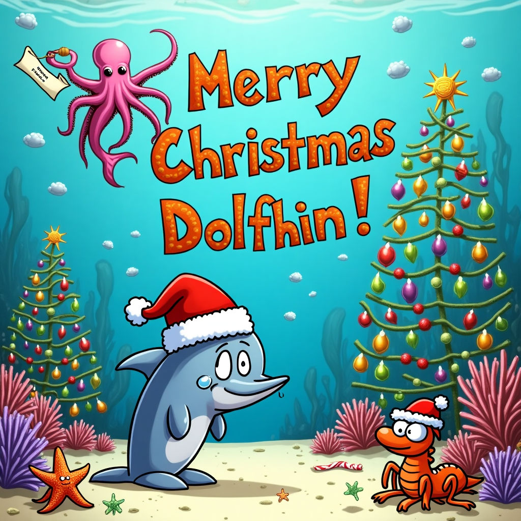 The scene is a whimsical underwater Christmas celebration, reminiscent of a Charles Schulz or Bill Watterson style, blending the charm of Peanuts with the playful imagination of Calvin and Hobbes. In the foreground, a cartoon dolphin with exaggerated large eyes and a cheeky smile is wearing a bright red Santa hat that seems slightly too big, drooping over its fin. Despite the cheerful setting, the dolphin has a single, large cartoon tear rolling down its cheek, adding a touch of humor to the scene. 

Surrounding the dolphin, there are various sea creatures dressed in festive attire: a starfish with a tiny green elf hat, a crab with jingle bells on its claws, and a seahorse wrapped in Christmas lights that glow in the water. A lively coral reef forms the backdrop, decorated with baubles and candy canes that are tied with seaweed, creating a vibrant underwater Christmas tree. 

Above this colorful underwater tableau, the words "Merry Christmas Dolphin!" are whimsically formed by a school of fish, their shiny bodies creating the letters as they swim in unison, much like a banner fluttering in the water currents. In the top corner of the scene, a playful octopus with a mischievous grin is using one of its tentacles to hang a small ornament on a floating, snowflake-shaped cloud bubble, while another tentacle holds a scroll that reads "Dear Dolphin, no need to be blue - Santa's got a surprise just for you!"

This delightful and funny scene captures the spirit of Christmas with a unique aquatic twist, ensuring that "Dolphin" is not only the star of the card but also at the heart of this merry underwater adventure.
Generated with these themes: A dolphin crying on christmas , and  cartoon.
Made with ❤️ by AI.