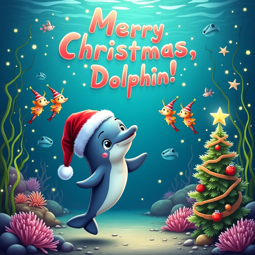 In a bustling underwater Christmas wonderland, a cartoon dolphin named "Dolphin" is front and center, sporting a red Santa hat slightly askew on its head. With tears the size of ocean pearls rolling down its cheek, Dolphin floats amidst a whimsical underwater Christmas party. Around Dolphin, a colorful reef decorated with seaweed garlands and shimmering shells is alive with festive cheer. A trio of starfish, donned in tiny elf hats, balances on a sea sponge, harmonizing a holiday jingle. To the left, a school of clownfish with reindeer antlers is stringing electric-eel lights along a coral Christmas tree adorned with starfish toppers and sea urchin ornaments. Above this joyful marine scene, in bubbly letters formed by the playful movement of a group of synchronized swimming seahorses, reads "Merry Christmas, Dolphin!" Jellyfish float nearby, their tentacles glowing softly, casting a warm, gentle light over the scene. The water is alive with sparkles from the bioluminescent plankton, giving the scene an enchanting glow. In the background, a whimsical underwater cityscape with seaweed-wrapped skyscrapers and kelp candy canes completes this unique and lively Christmas celebration.
Generated with these themes: A dolphin crying on christmas , and  cartoon.
Made with ❤️ by AI.
