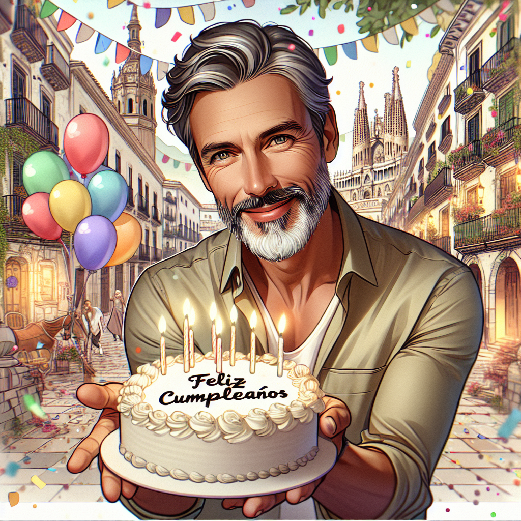 Create an enchanting birthday scene visually situated in the vibrant atmosphere of Spain, maybe depicting the vivacious streets of Barcelona or the lush greenery of Andalusian hills. At the center, visualize a Caucasian man, the adoring husband with a meticulously groomed grey goatee, beaming with warmth. His wardrobe includes casual yet celebratory clothing, and he's extending a birthday cake adorned with the cheerful phrase 'Feliz cumpleaños'. Bright balloons and sprinkles of confetti subtly border the setting, illustrated in a gentle, whimsical design aesthetic that permeates warmth and love.
Generated with these themes: Husband with grey goatee, Spain, and Feliz cumpleaños .
Made with ❤️ by AI.