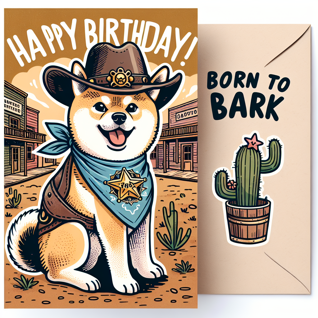 Create a cartoon-style birthday card featuring a cheerful Shiba Inu, dressed in classic cowboy attire including a hat and bandana. The dog should exhibit a playful marking on its fur, styled like a tattoo, showcasing a compact cactus design along with the statement 'Born to Bark'. Surround the dog with a setting that resembles a Wild West town, thus accentuating the theme. An overhead banner proclaims 'Happy Birthday!' to complete the card.
Generated with these themes: Shiba inu, tattoos, cowboys.
Made with ❤️ by AI.