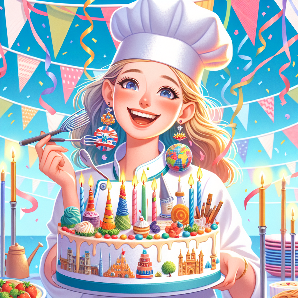 Illustrate a birthday scene where a happy and enthusiastic Caucasian female chef, with blonde hair, is in the midst of a festive, banner-and-streamer-decked atmosphere. She is wearing a whimsical, distinctively colorful chef's uniform, and strikings earrings that are miniature utensils and world cuisine ingredients. In her hands, she holds a beautifully crafted cake, a true masterpiece, showcasing edible decorations symbolizing various countries that inspire her in her culinary adventures.
Generated with these themes: Blonde happy chef who loves to cook exotic foods from around the world wearing eclectic earings.
Made with ❤️ by AI.